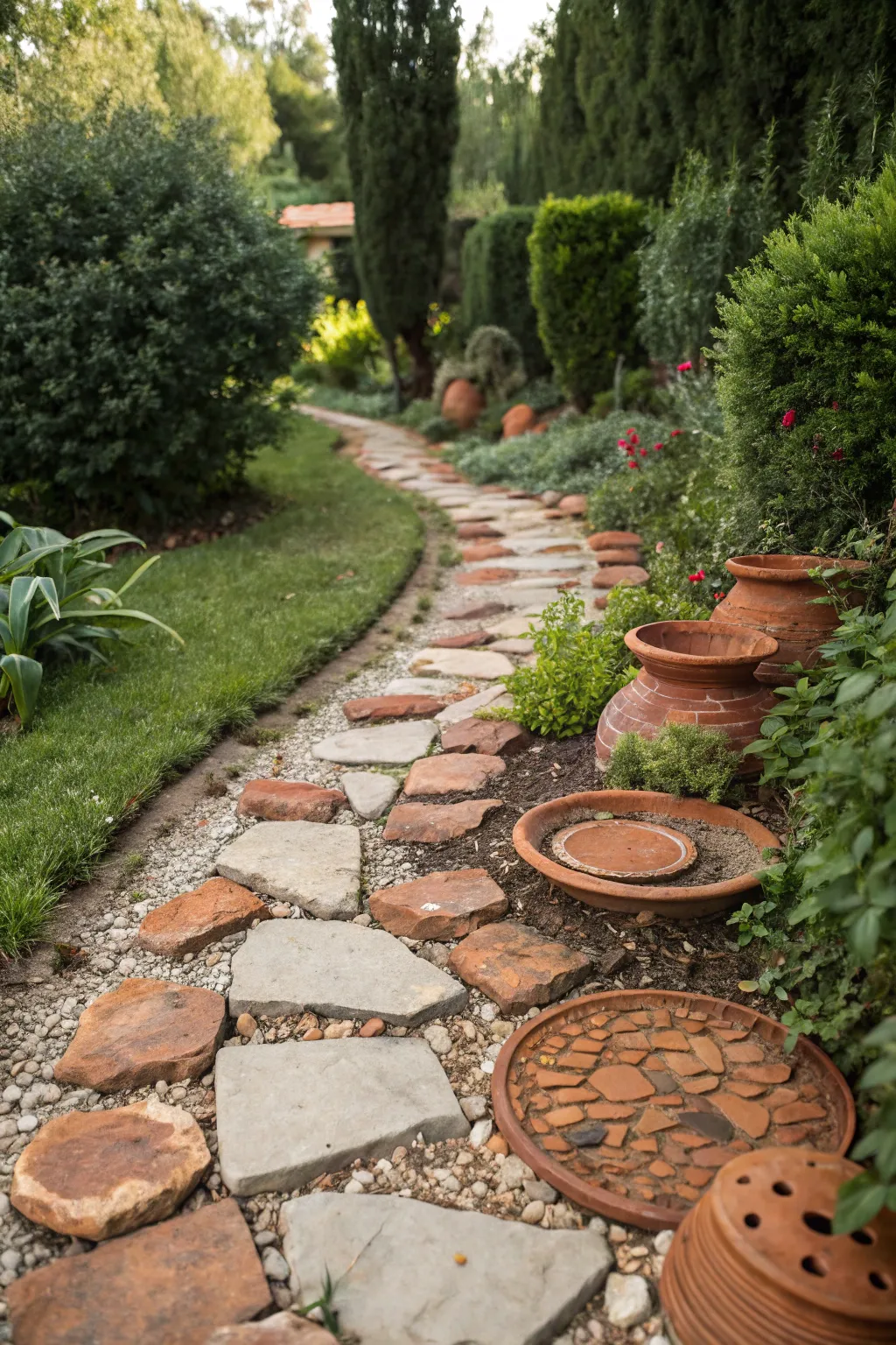 Embrace rustic elegance: Transform broken clay pots into charming garden path borders.