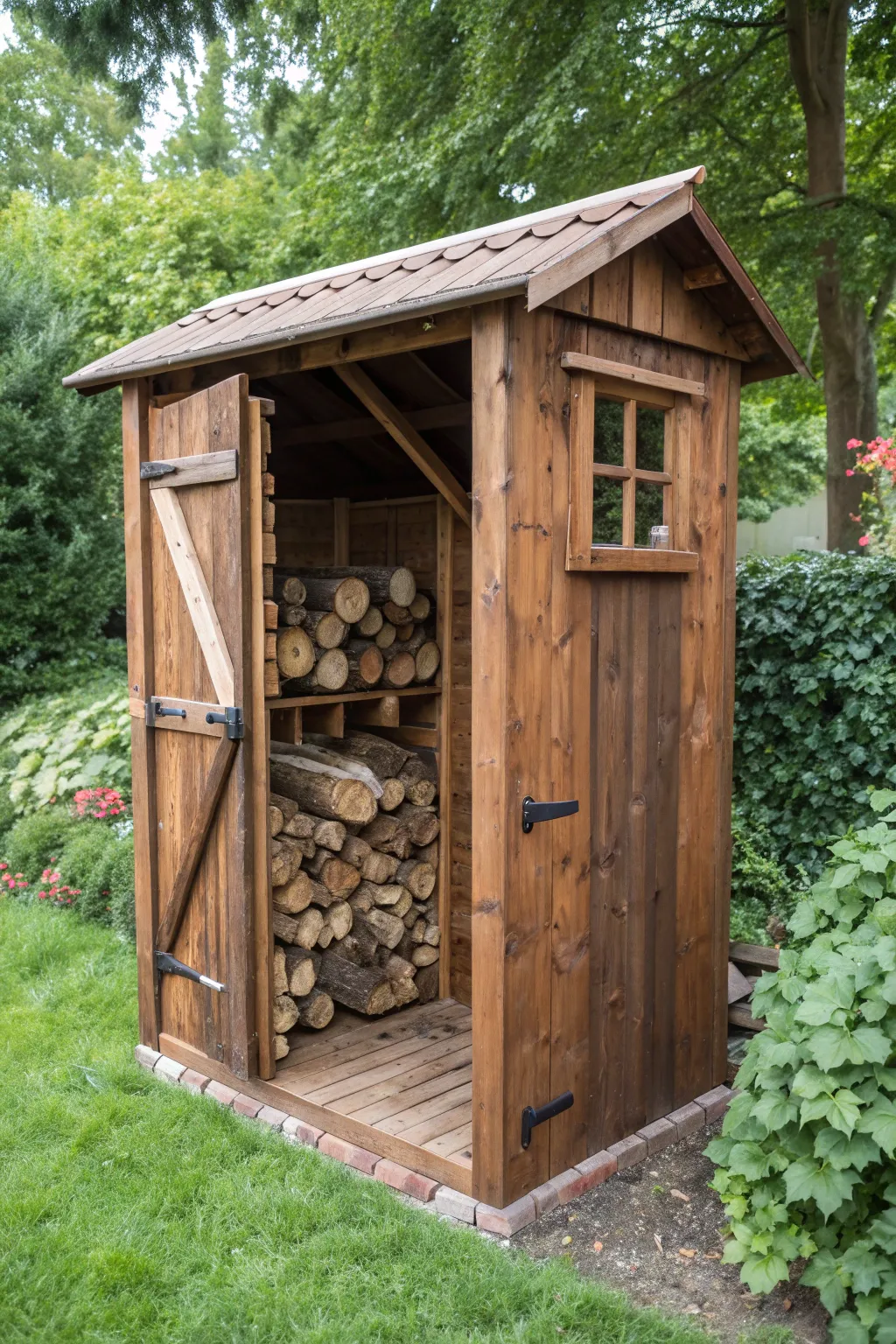 Transform your garden with a rustic wooden outhouse for firewood storage.