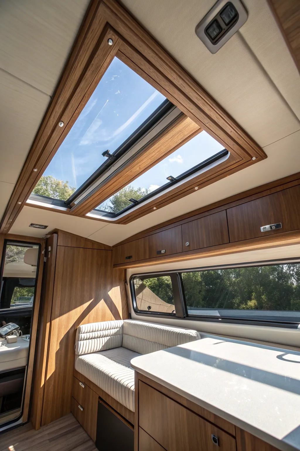 Illuminate your camping experience with a stunning skylight, bringing the beauty of the stars and sunlight into your adventure.