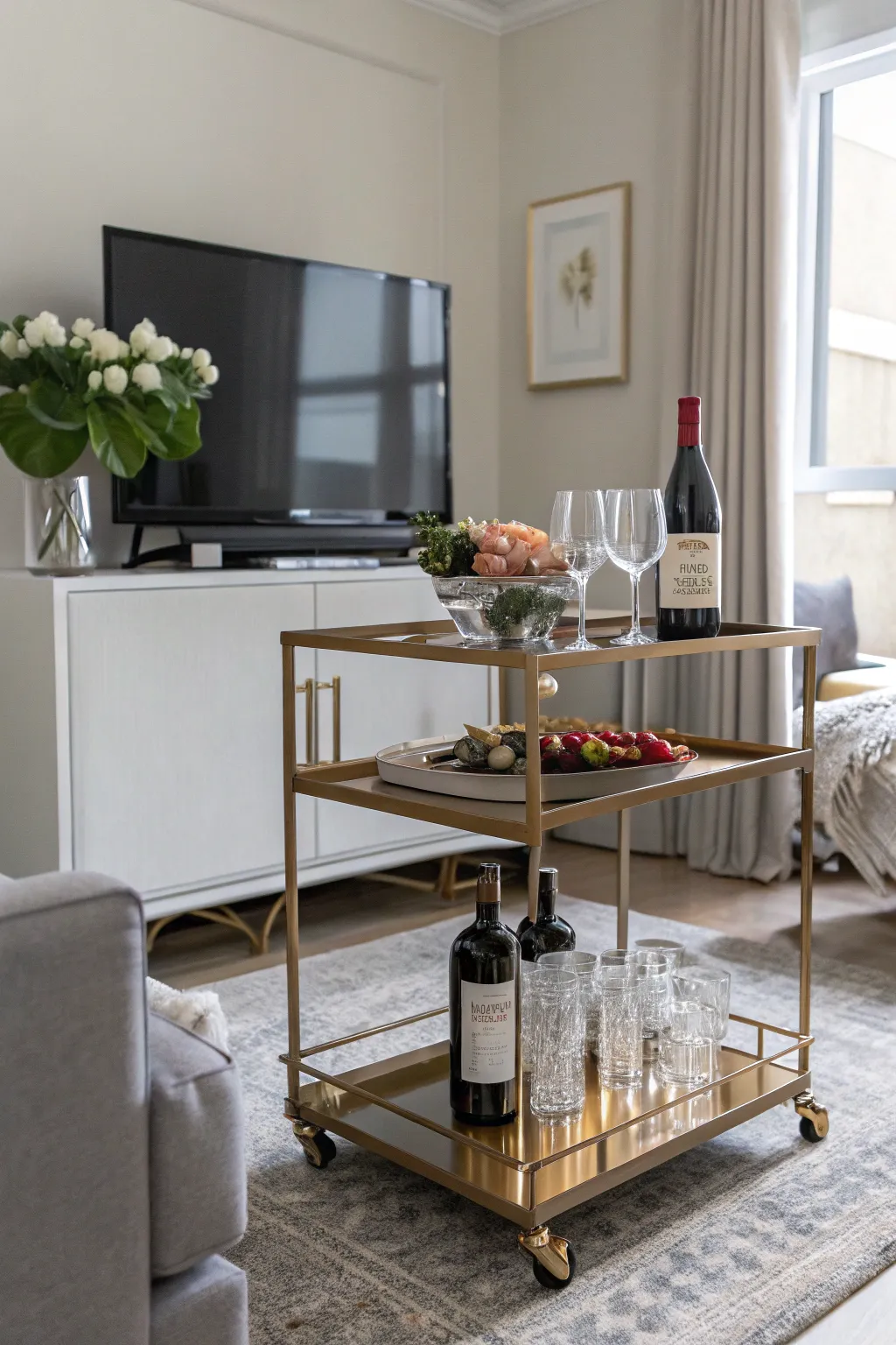 A bar cart under the TV adds style and practicality to your space.