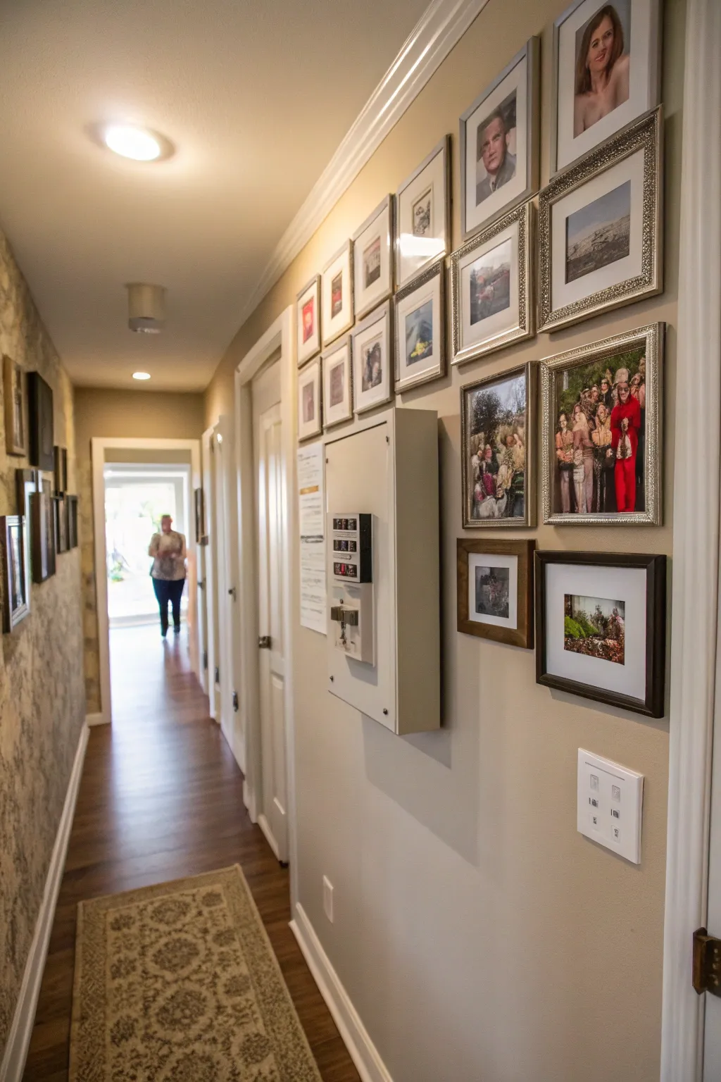 A photo wall adds a personal touch while cleverly hiding the electrical panel.