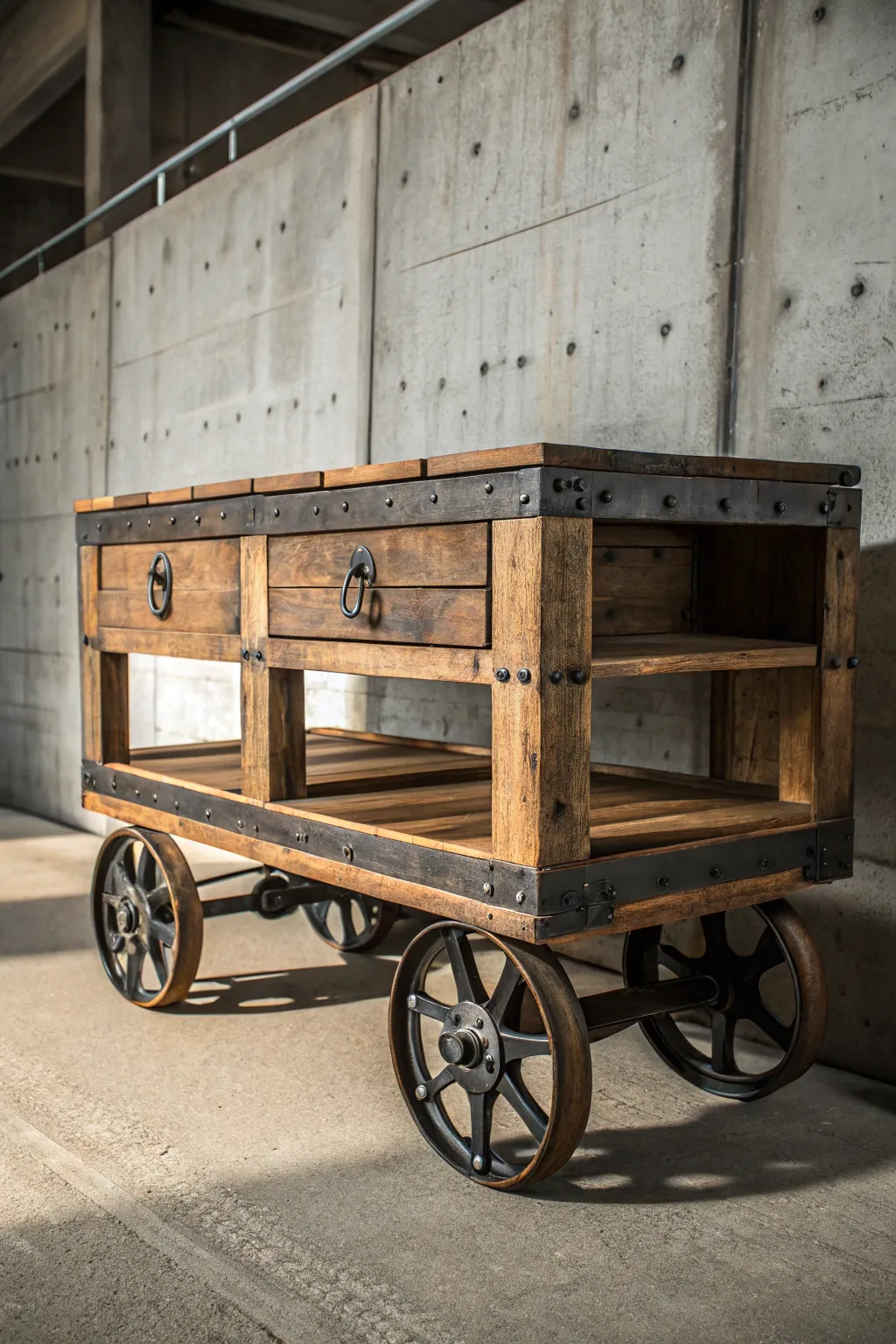Transform industrial history into style with this repurposed factory cart – a perfect blend of function and character.