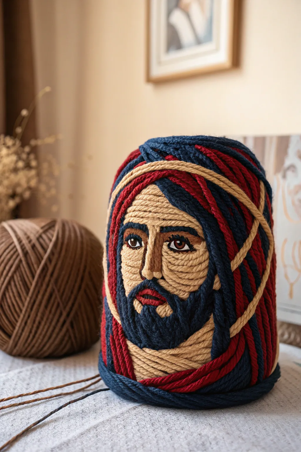 Elevate your space with this striking yarn portrait, where simplicity meets bold craftsmanship.