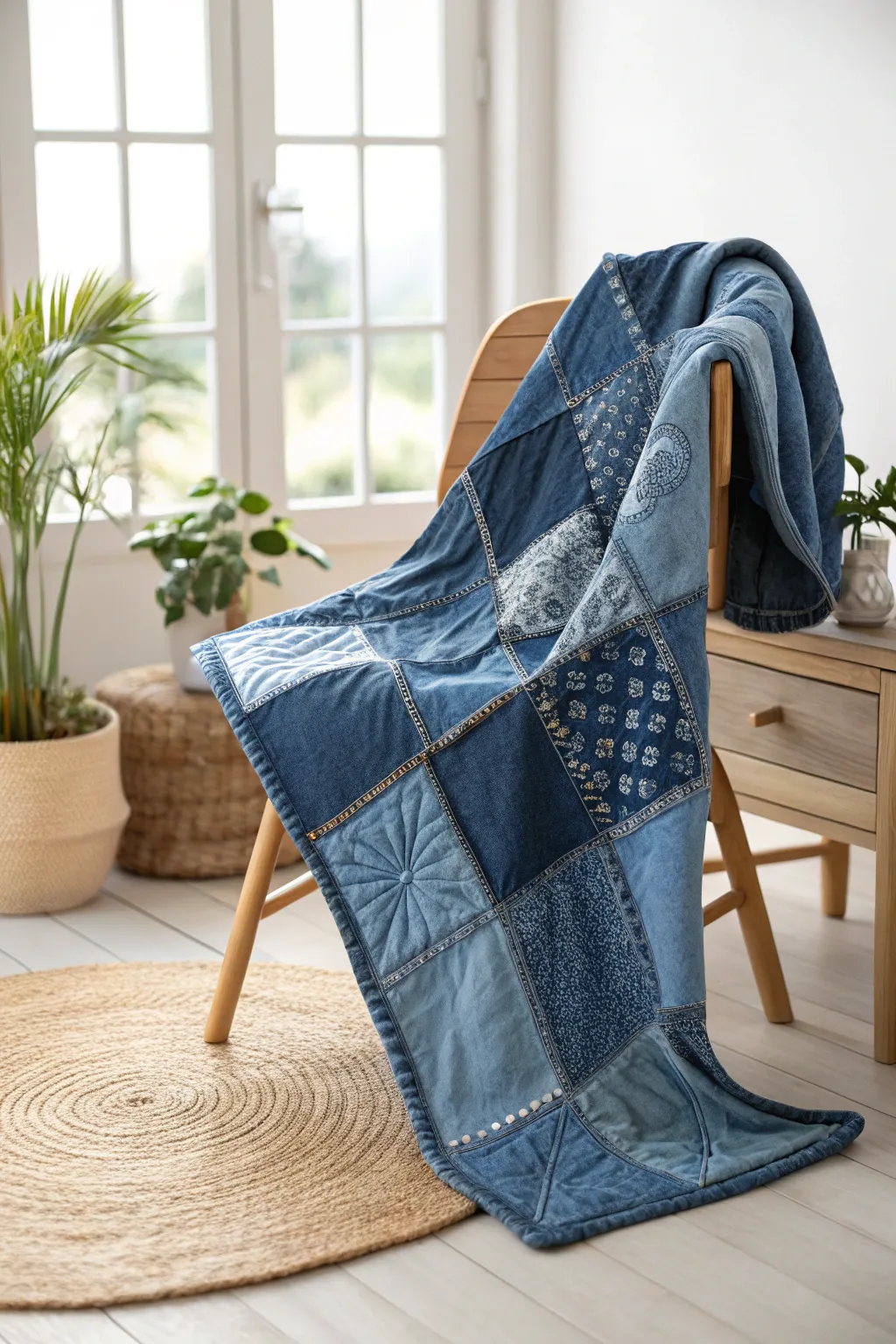 Transform thrifted jeans into a stunning quilt masterpiece, blending eco-friendly elegance with Scandinavian minimalism.