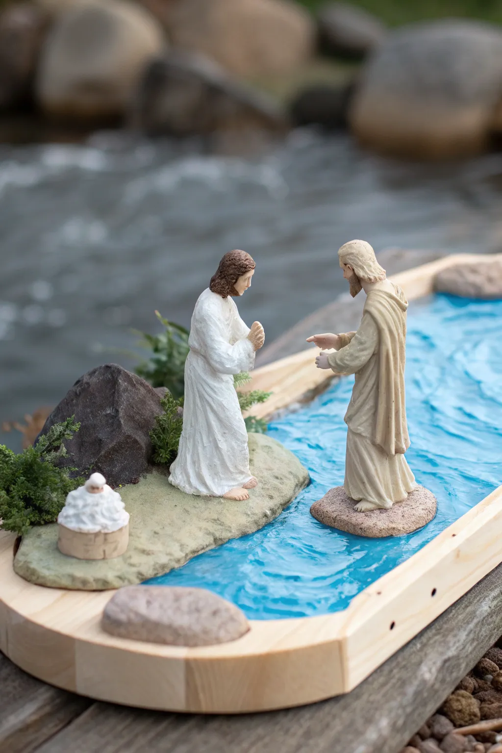 Craft a serene moment of history: A minimalist clay portrayal of Jesus' baptism, where simplicity meets artistry.