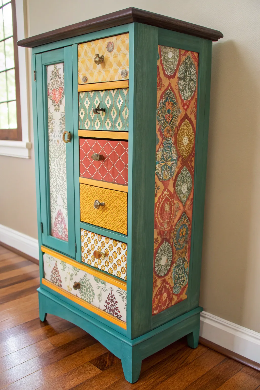 Transform your space with this vibrant boho-inspired jewelry armoire, where eclectic patterns meet minimalist elegance.