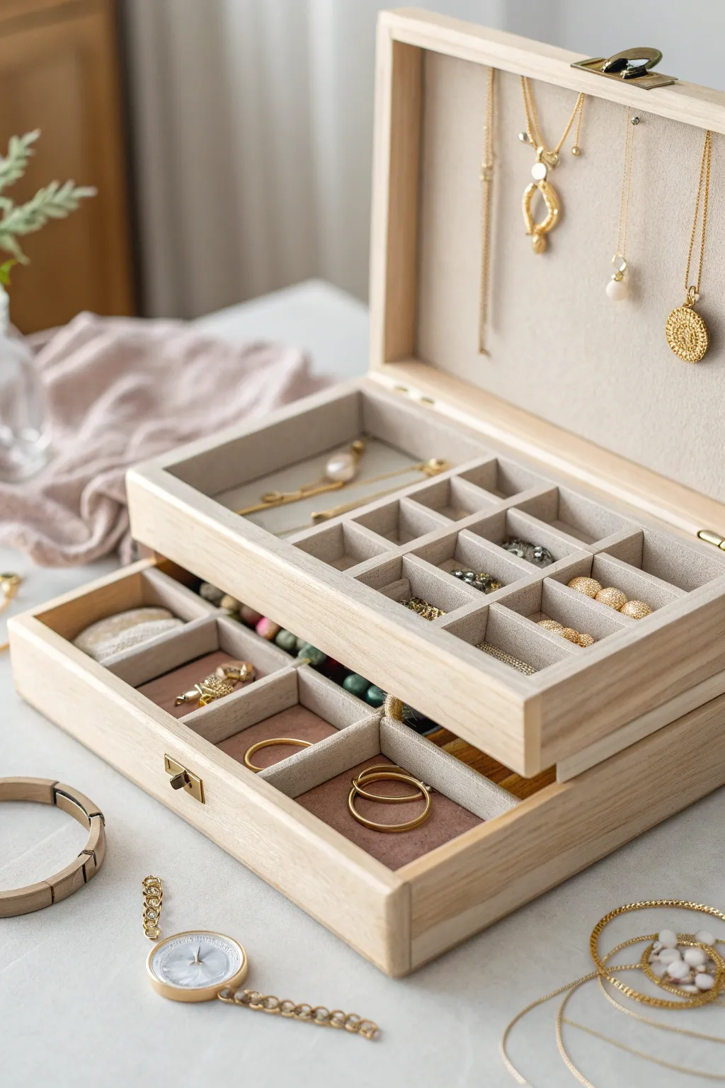 Discover the elegance of organization with our layered jewelry box, where simplicity meets sophistication.