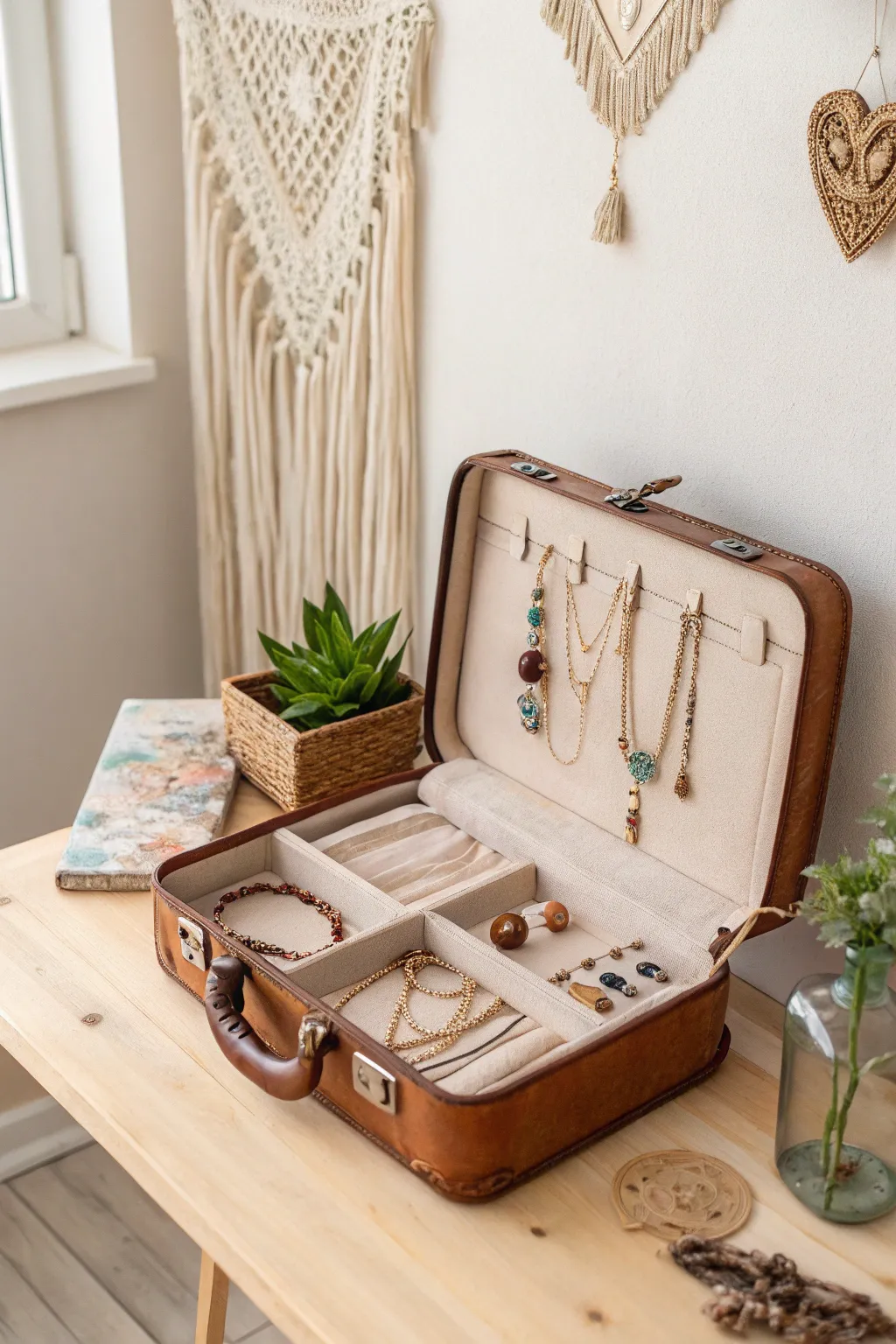 Transform nostalgia into elegance with a vintage suitcase jewelry display.