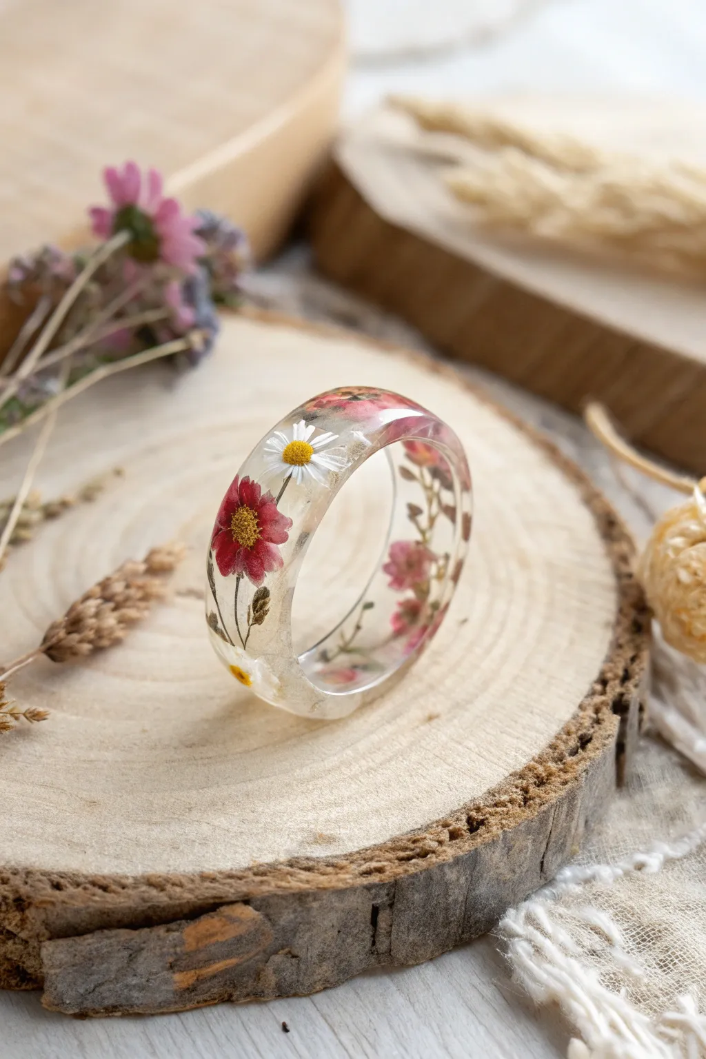 Capture the essence of spring with a handcrafted resin and dried flower ring, perfect for those who cherish nature's delicate beauty.