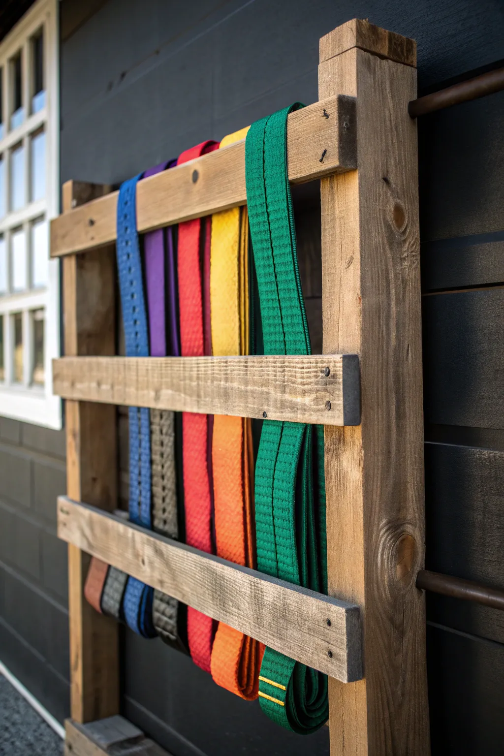 Elevate your karate journey with this handcrafted upcycled pallet belt rack—where tradition meets creativity.