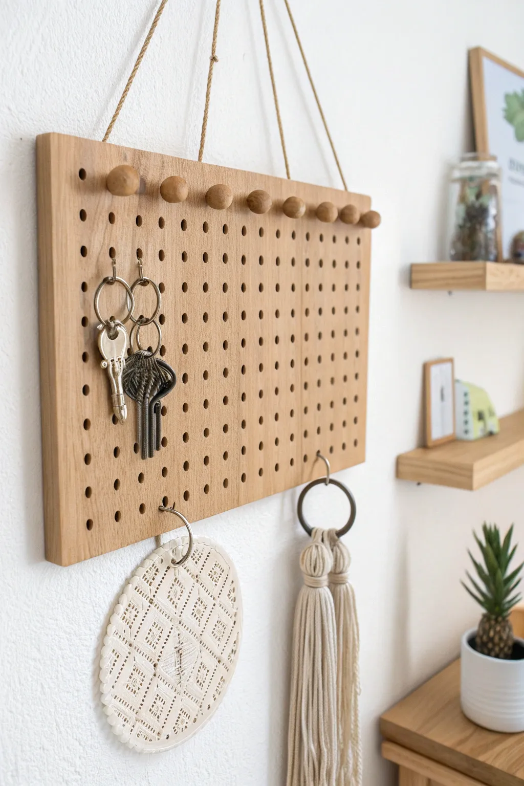 Elevate your entryway with this chic pegboard key holder—where minimalist design meets bohemian charm.
