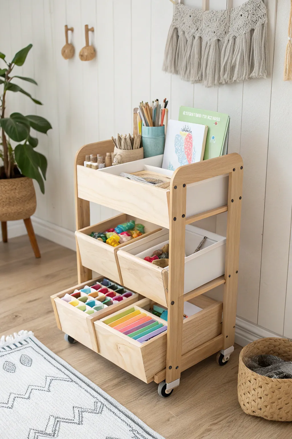 Add a touch of Scandinavian charm to your child's creativity with this stylish, movable craft cart. Perfect for inspiring imagination anywhere at home.