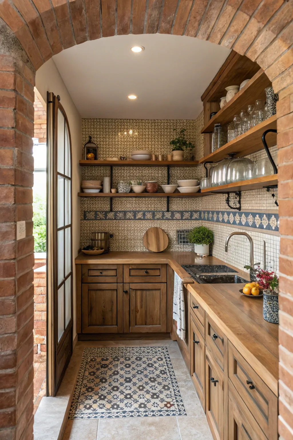 A blend of materials creates a textured masterpiece in this kitchen alcove.