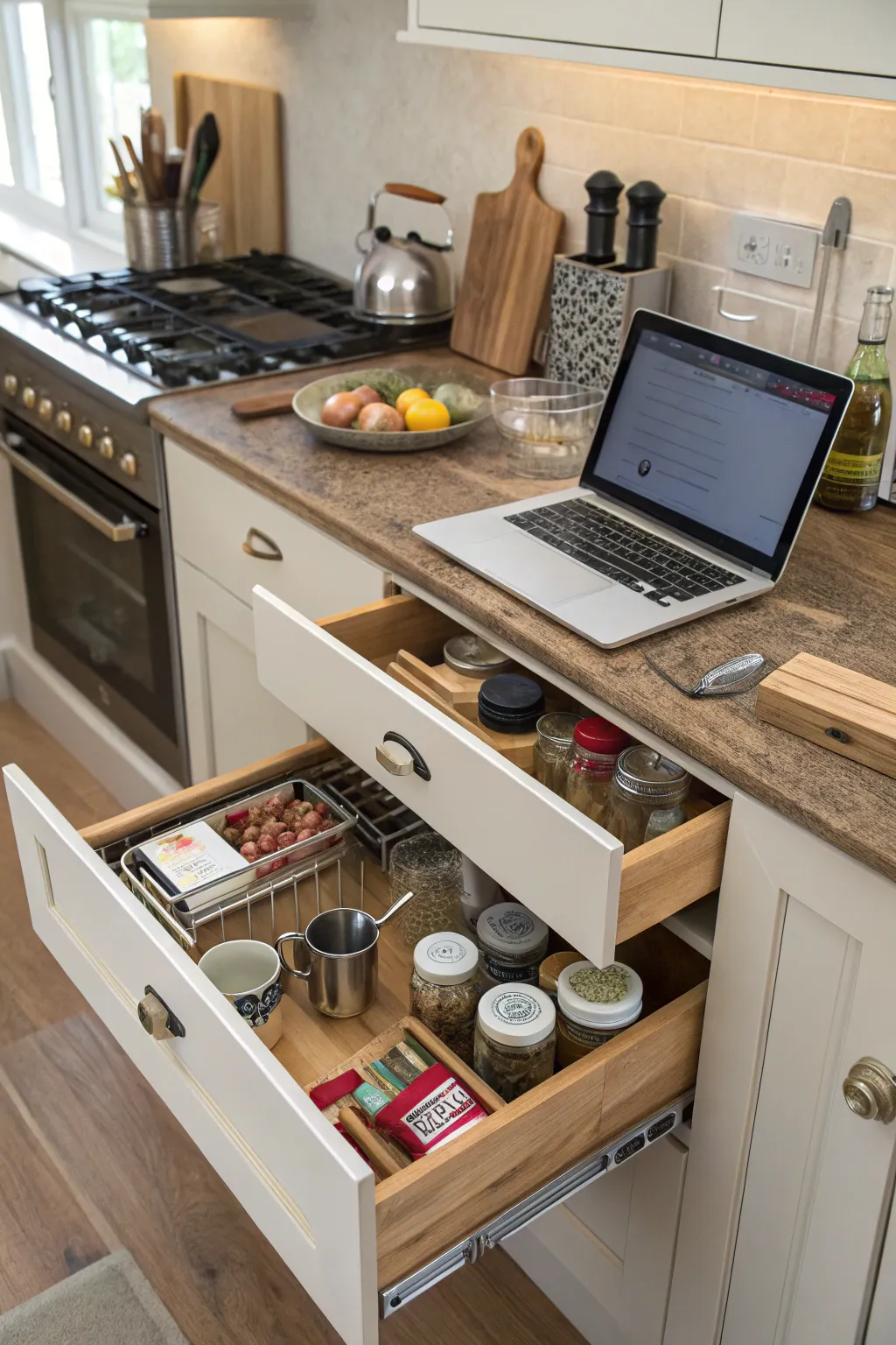 Hidden storage keeps the desk area tidy and organized.