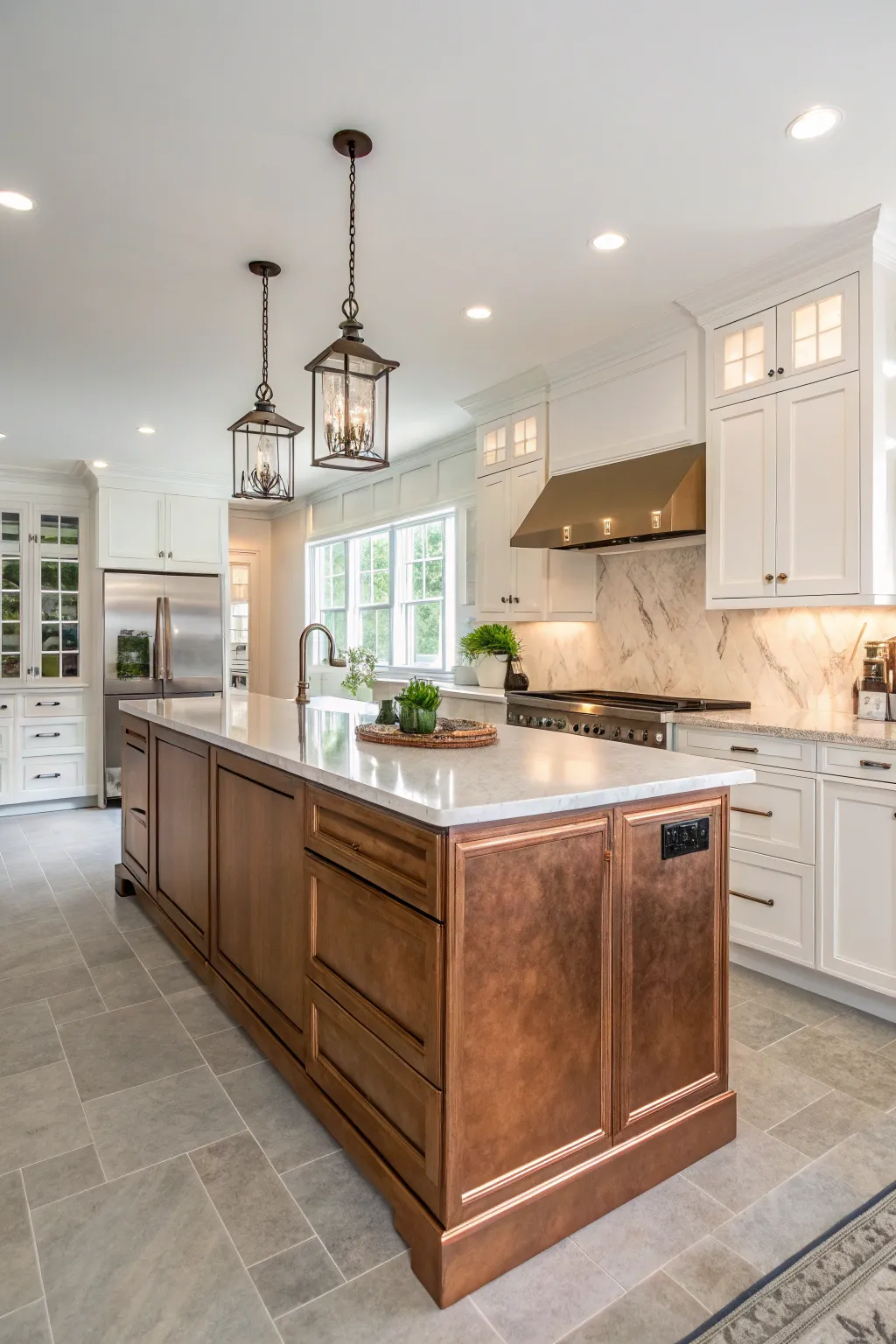 A kitchen showcasing a copper-colored island that brings warmth to white cabinets.
