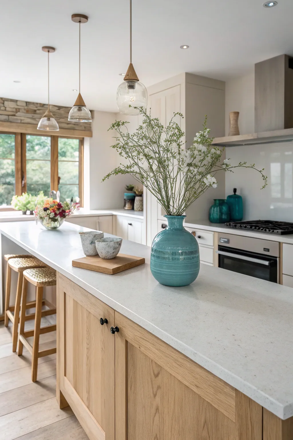 Elevate your kitchen with a stylish peninsula extension that blends Scandinavian minimalism with a touch of boho charm.