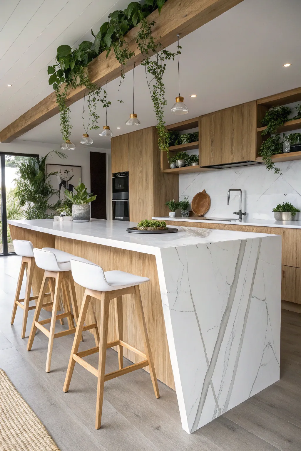 Transform your kitchen with a floating island illusion that combines minimalist design and Boho elegance.