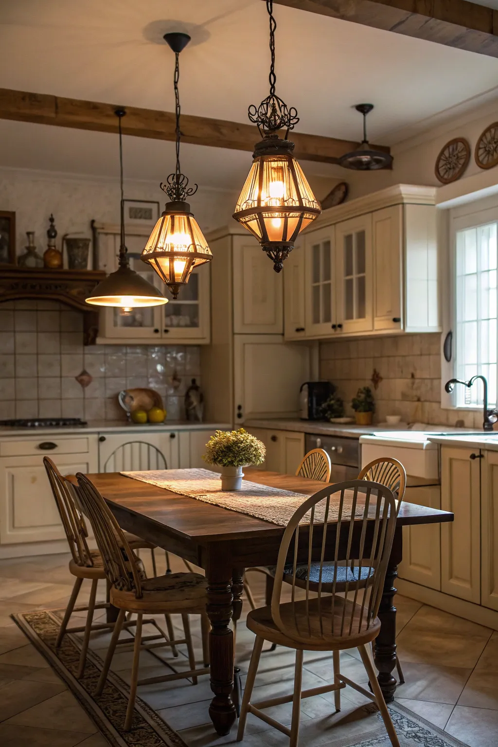 Vintage fixtures bring nostalgic charm to kitchen lighting.