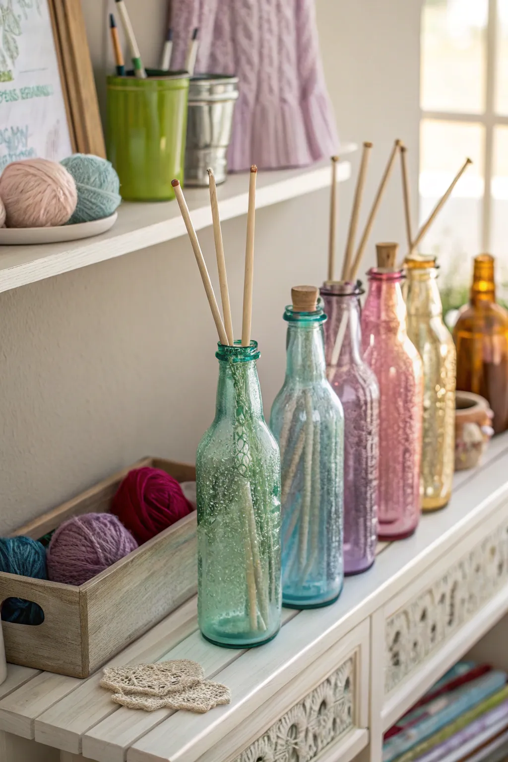 Transform your craft space with elegant vintage glass bottles for stylish knitting needle storage.