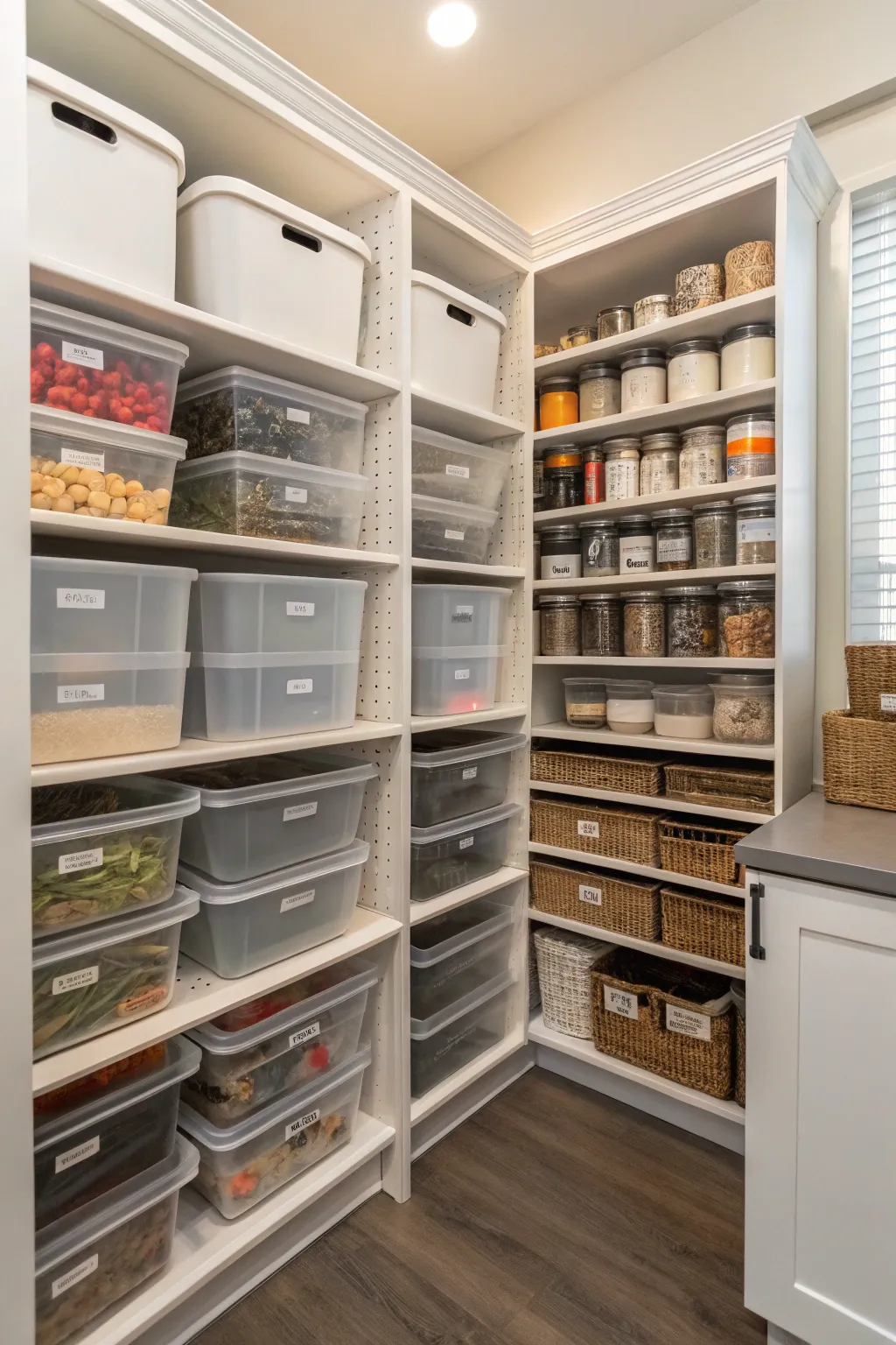 Maximizing vertical space in an L-shaped pantry with neatly stacked bins.