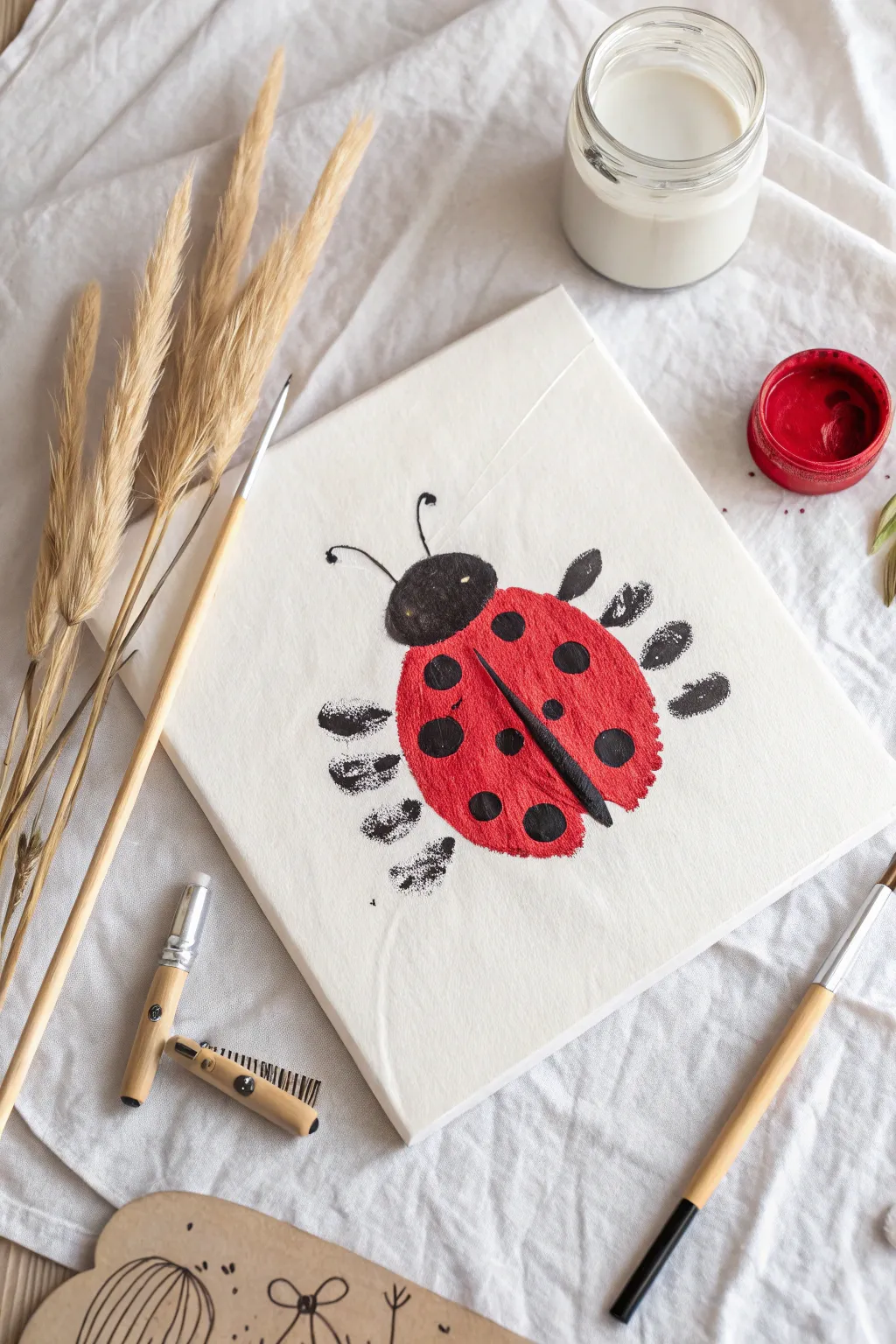 Cherish the joy of childhood creativity with this adorable handprint ladybug art, a perfect blend of simplicity and bold color, capturing a moment that lasts forever.