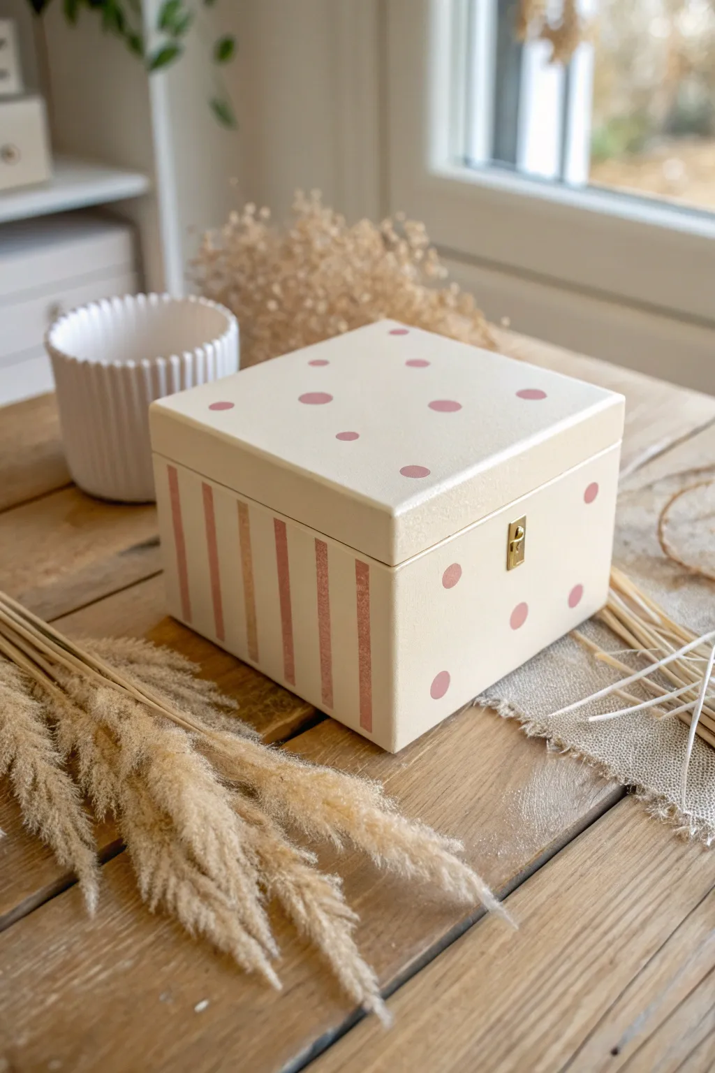 Effortless charm with simple stripes and dots – a perfect last-minute Valentine box idea that speaks the language of love through minimalist design.