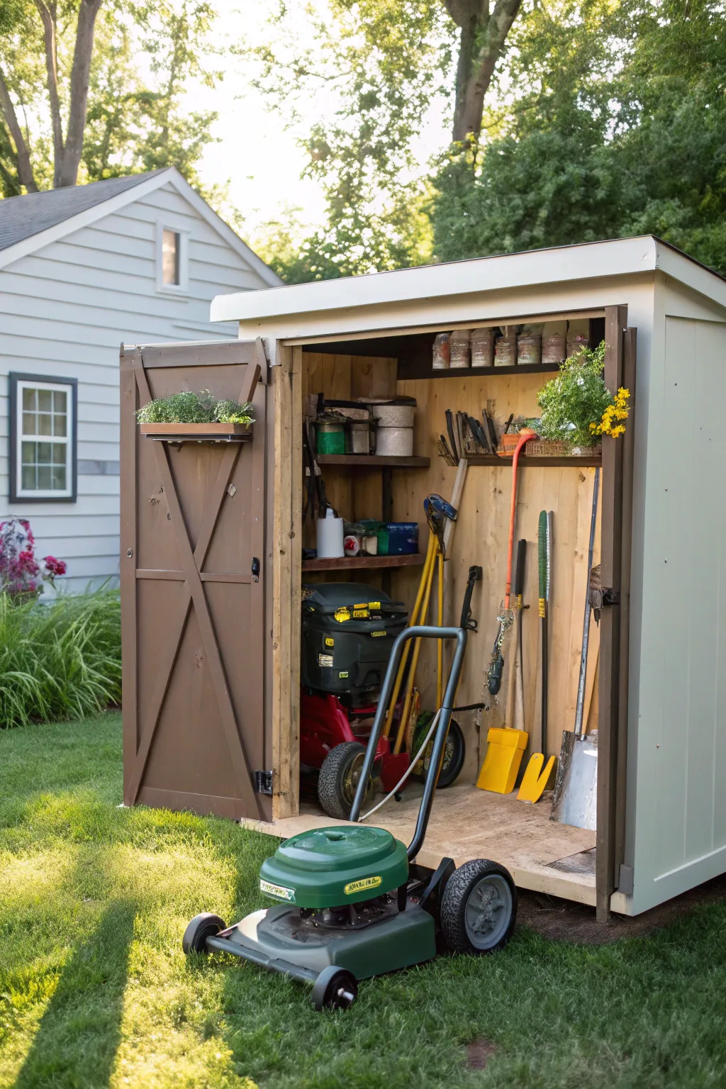 An old cabinet repurposed for lawn mower storage.