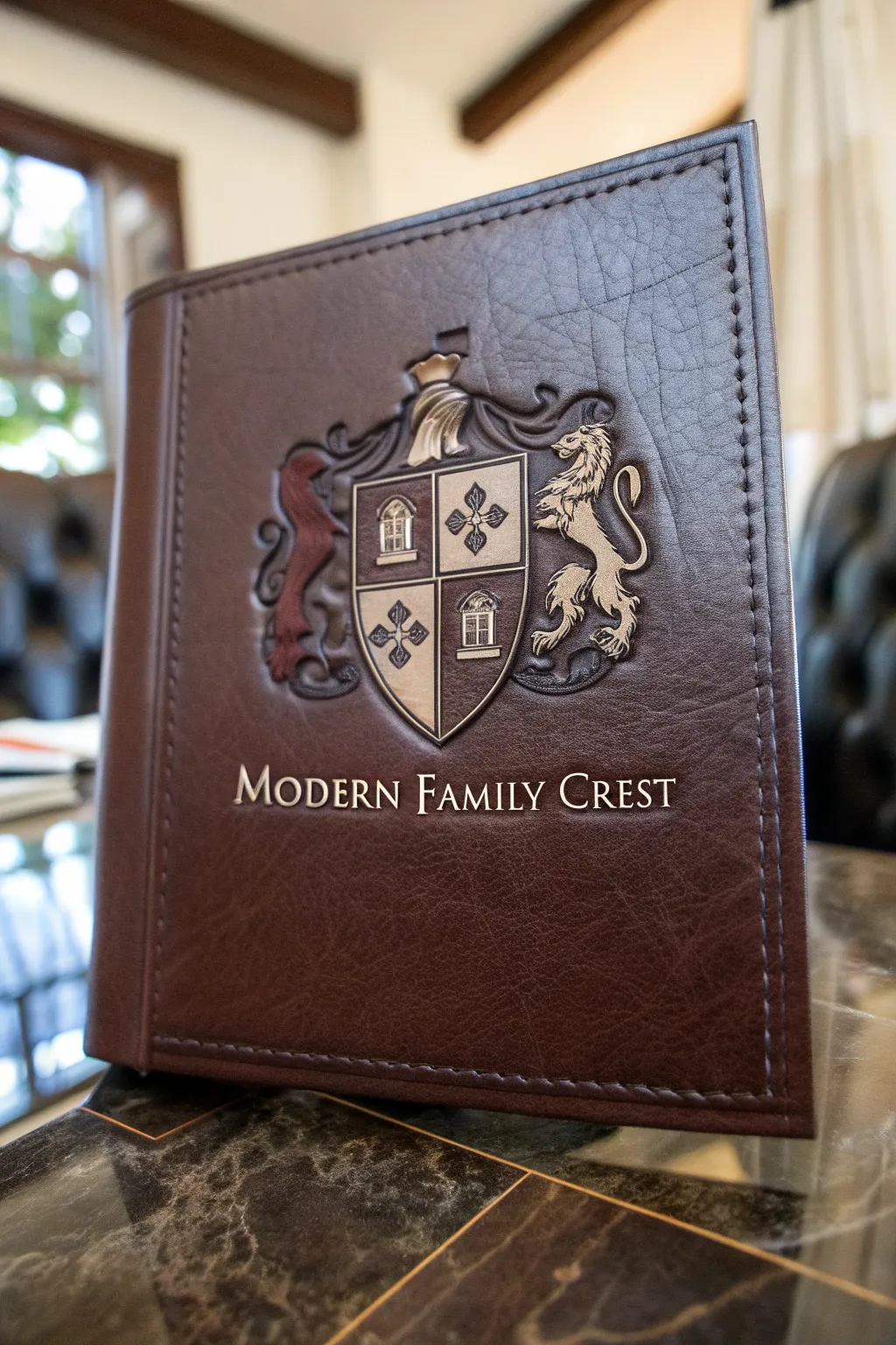 Elevate tradition with a modern family crest on handcrafted leather.