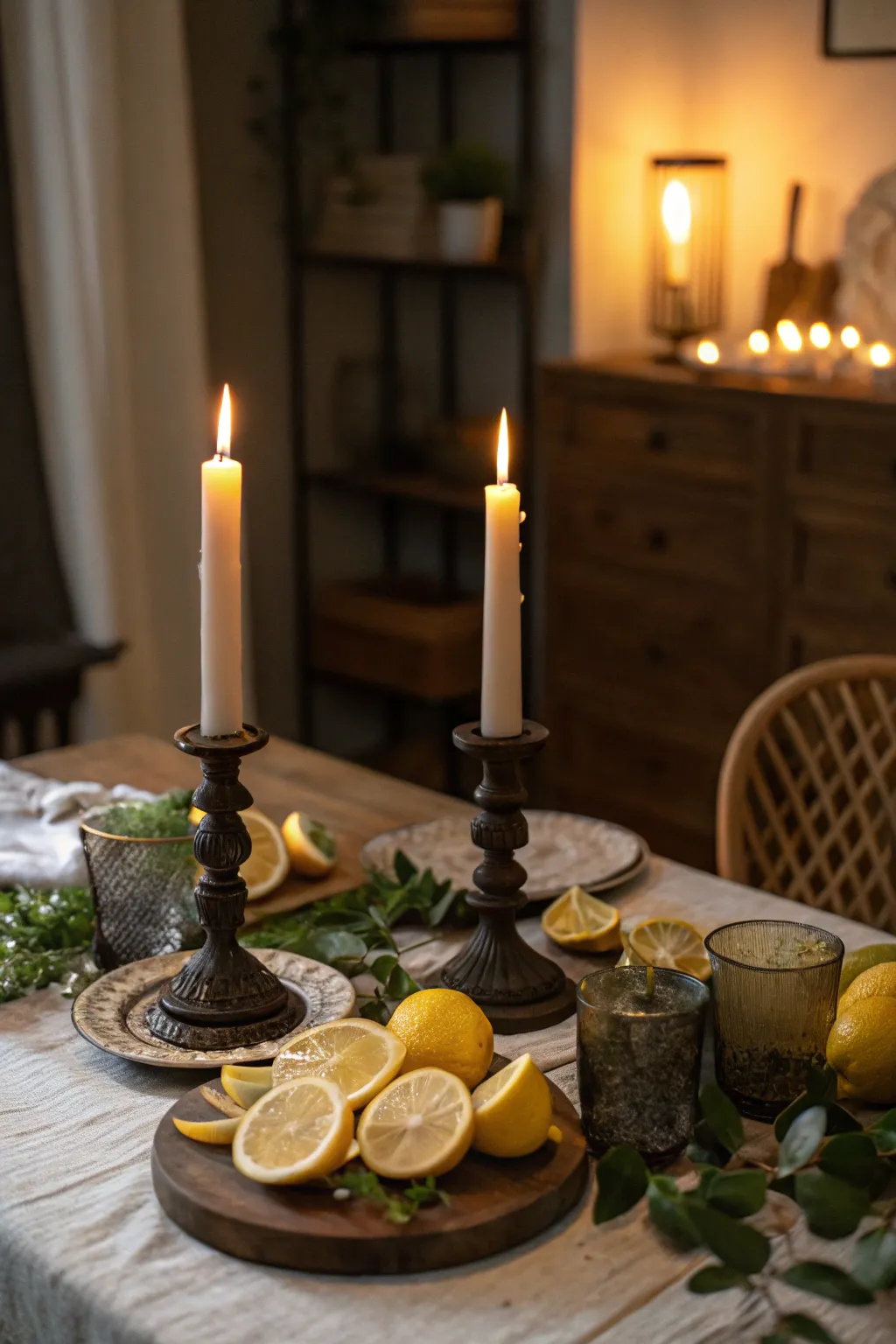 Lemon-infused candleholders add a warm and citrusy glow.