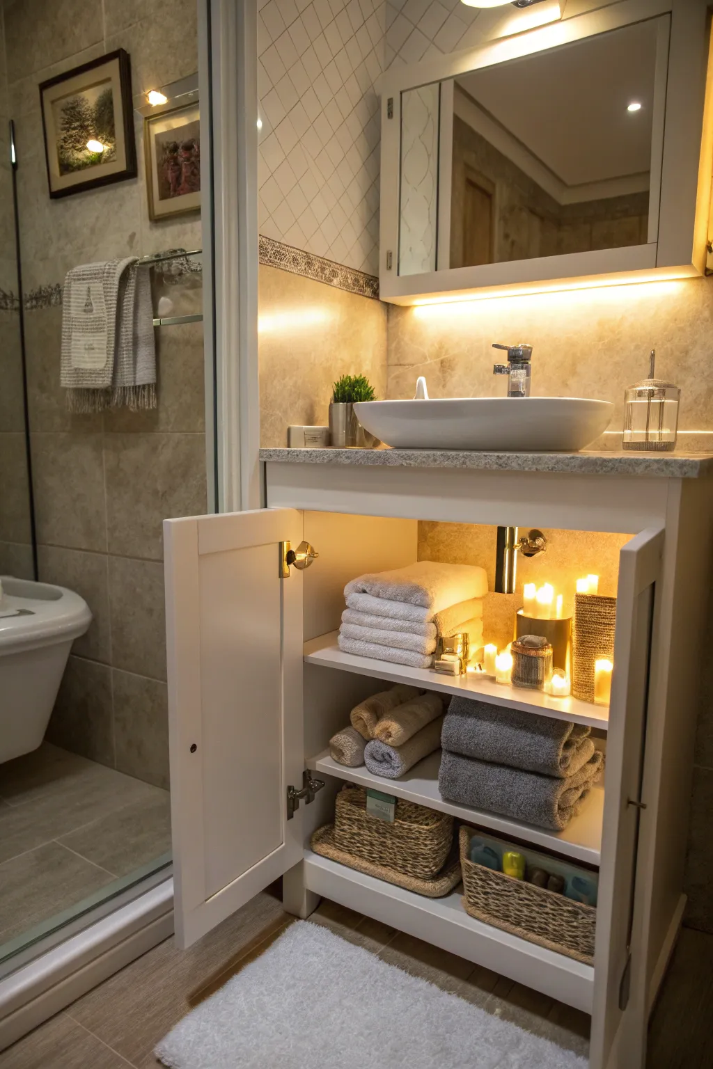 A small light inside the cabinet makes the litter box area more inviting.
