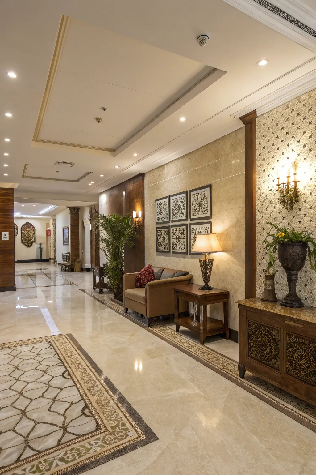A mix of textures bringing interest to the lobby.