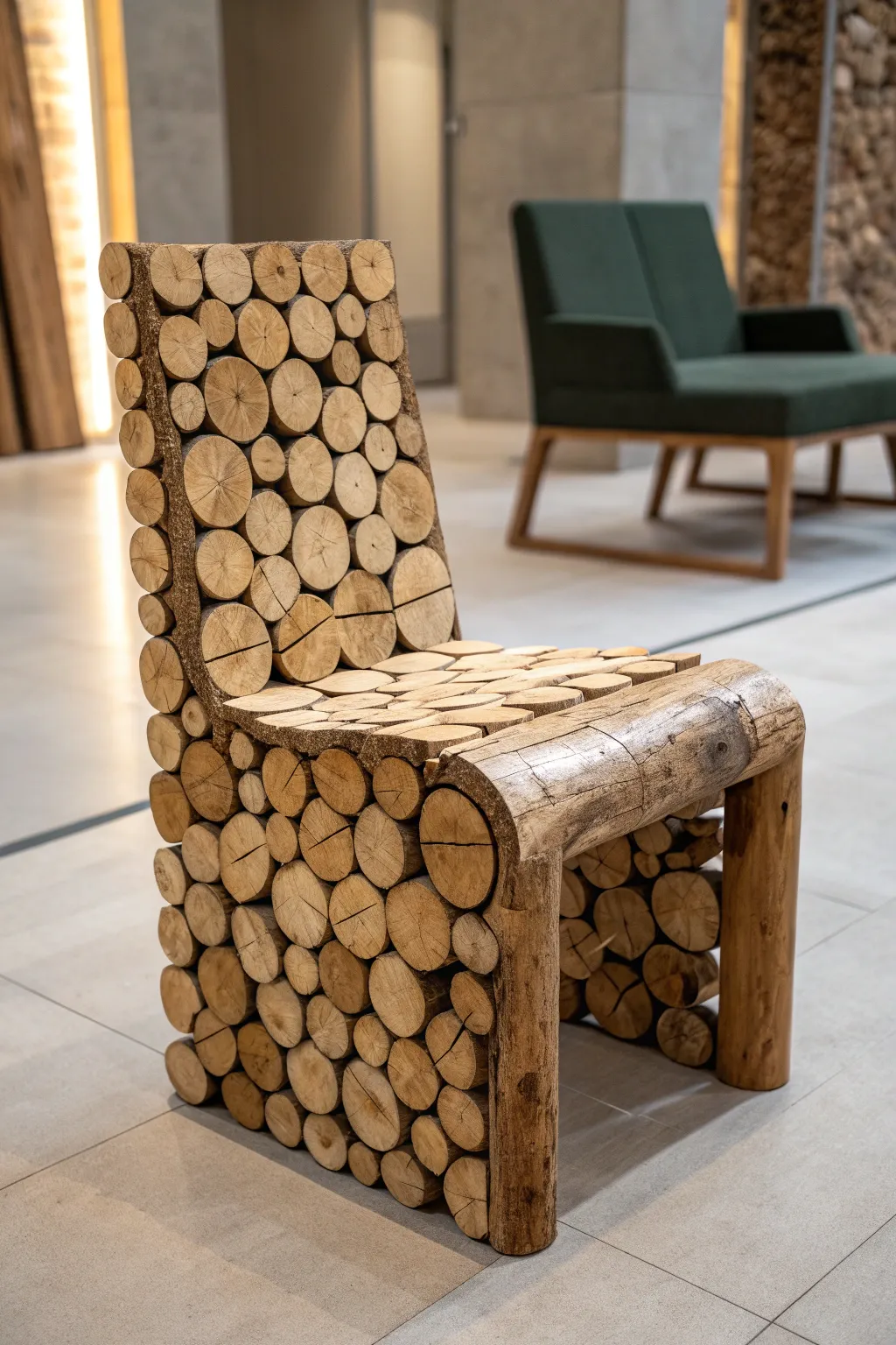 Embrace modern rustic charm with a handcrafted stacked log chair.