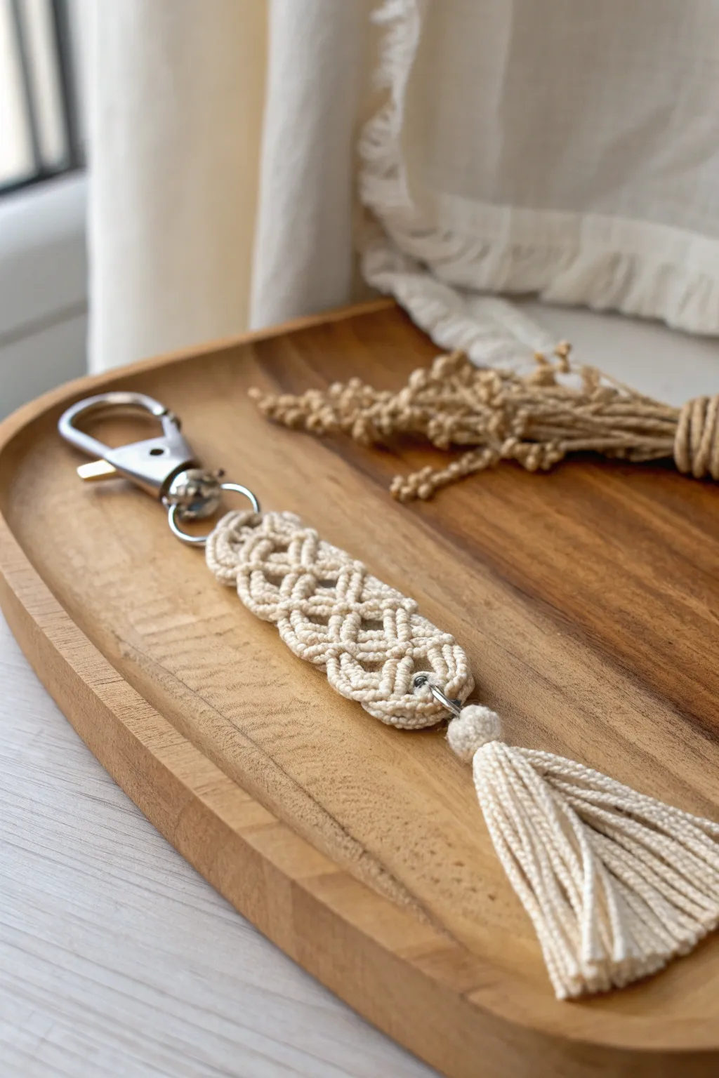 Elevate your everyday style with a handcrafted macrame wristlet keychain—simplicity and beauty in one elegant piece.