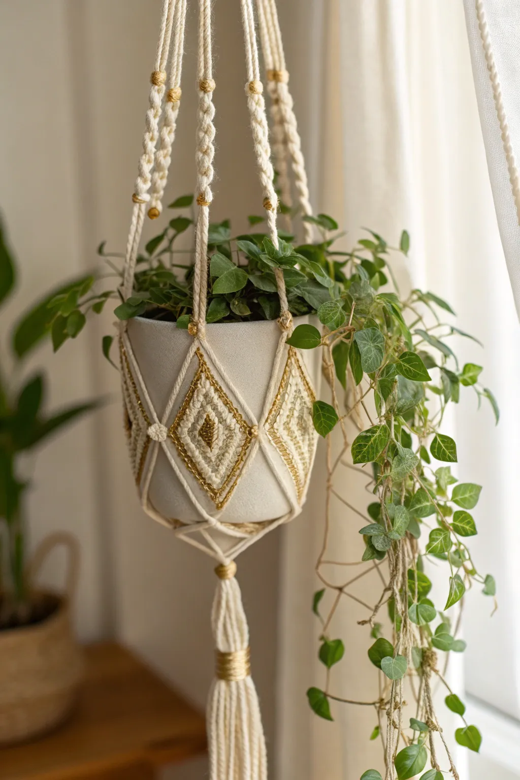 Elevate your greenery with a touch of gold in your macrame plant hanger. Perfect for adding a chic, modern twist to your space.