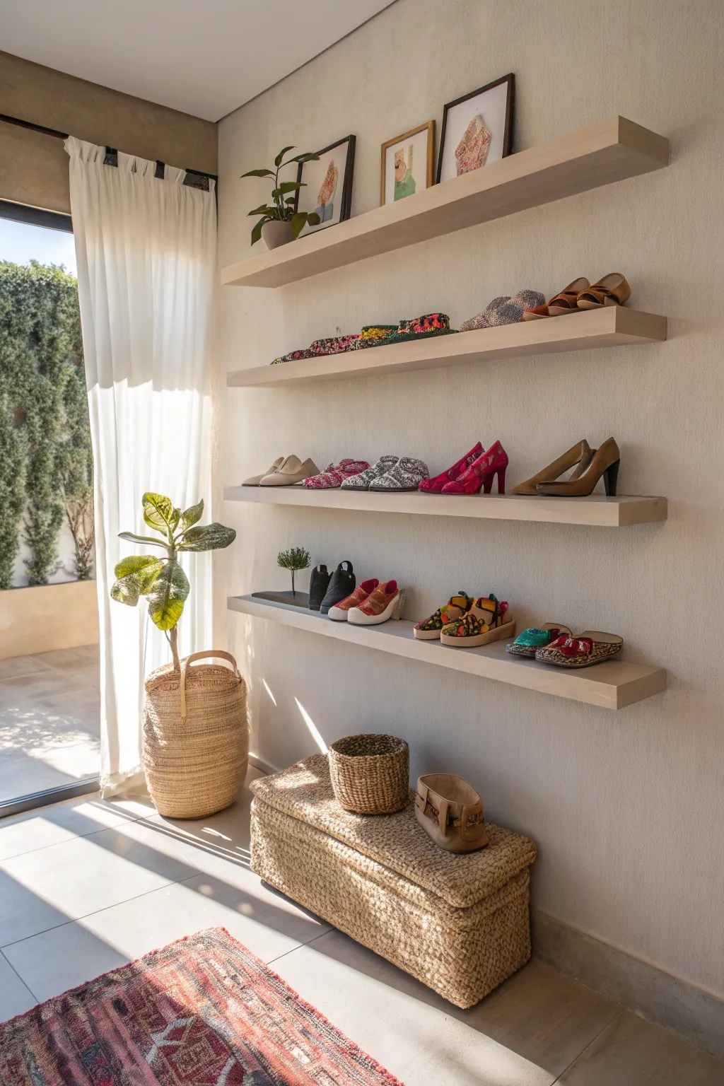 Transform your space with floating shelves and turn your shoe collection into a stunning art display! 🌈✨ #MinimalistBoho #ScandiStyle