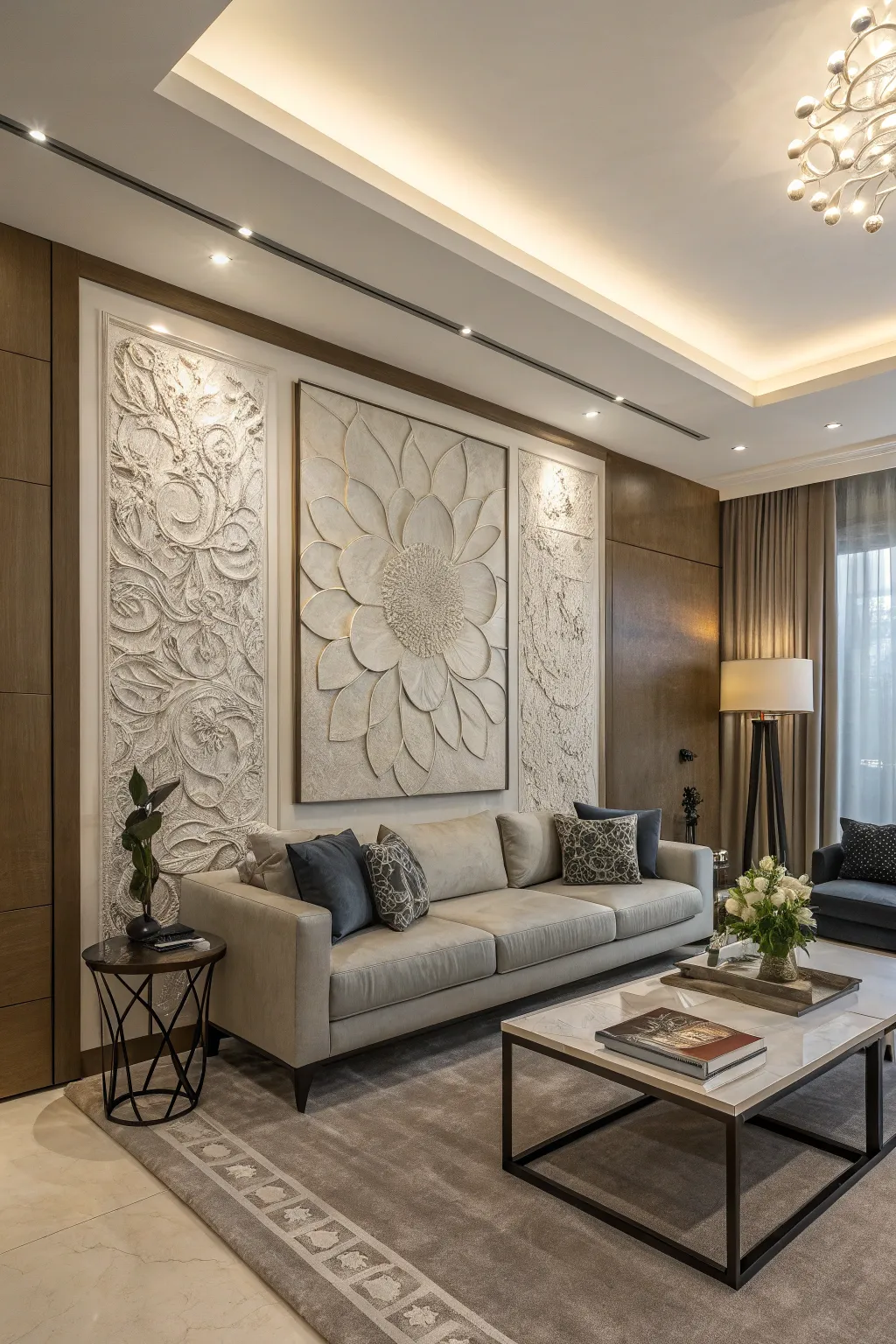 Sculptural art adds dimension and intrigue.