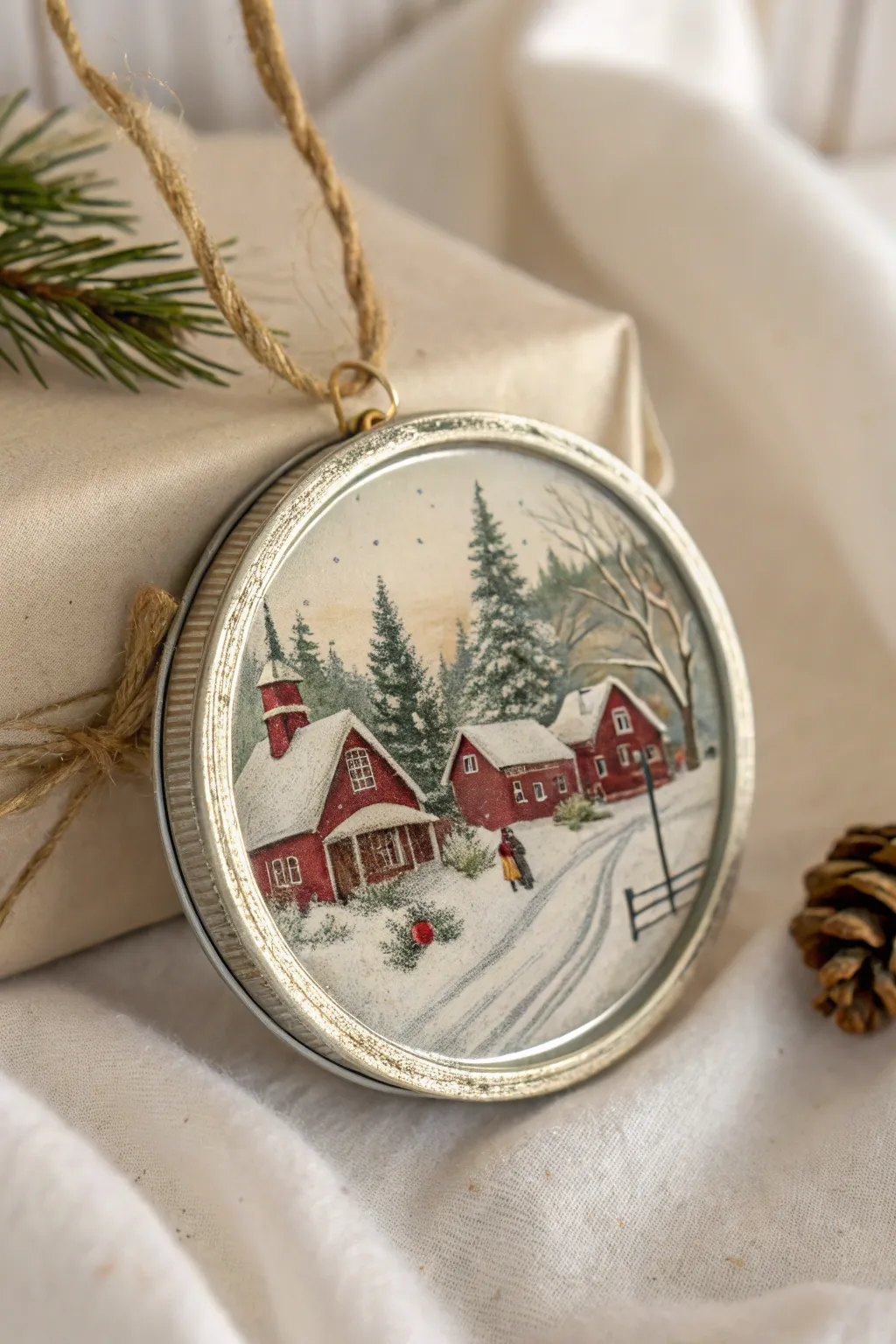 Step into a nostalgic winter wonderland with this charming mason jar lid ornament, a perfect blend of vintage and minimalist styles.