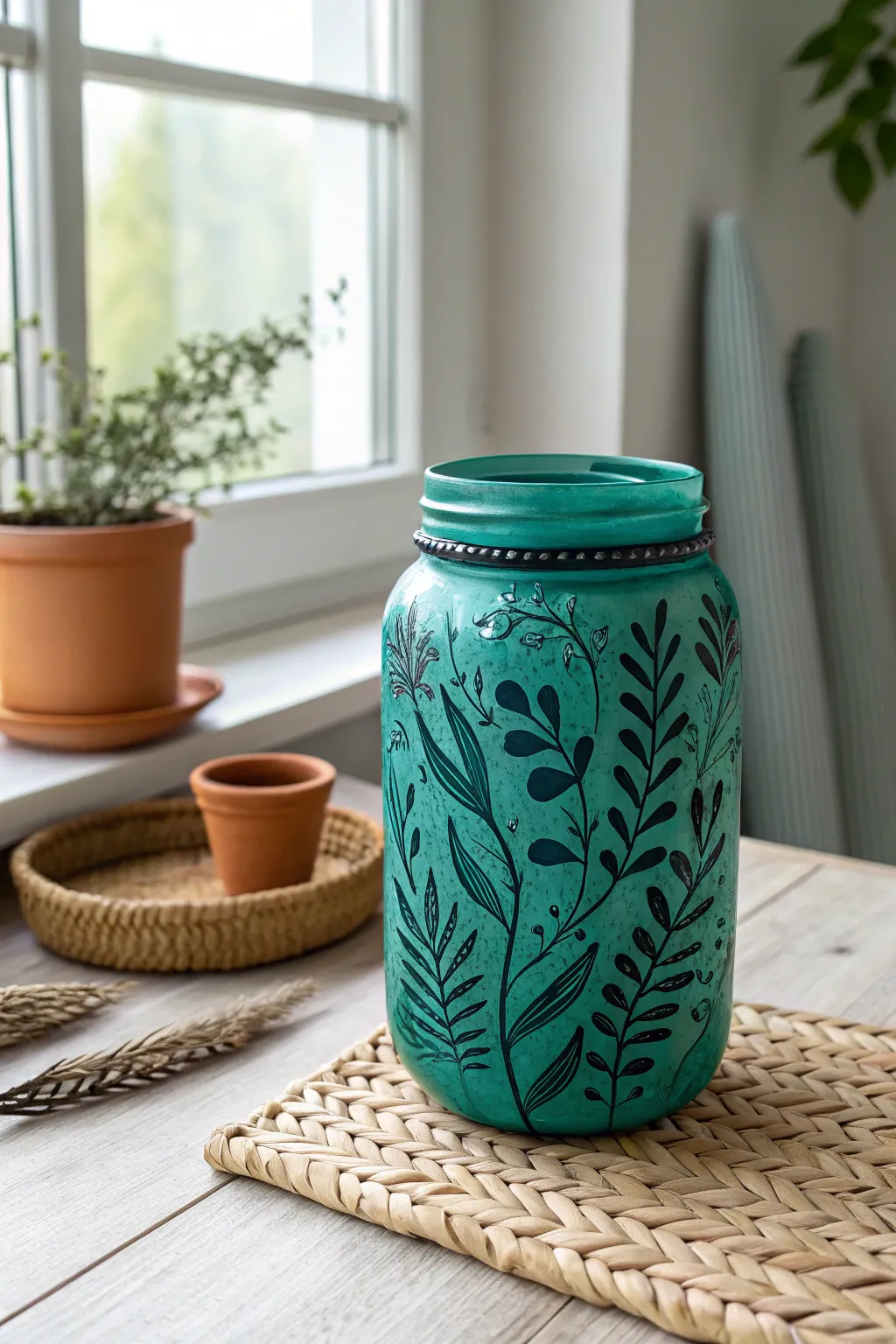 Bring a touch of nature indoors with this beautifully painted mason jar, perfect for adding a fresh, natural vibe to any room.