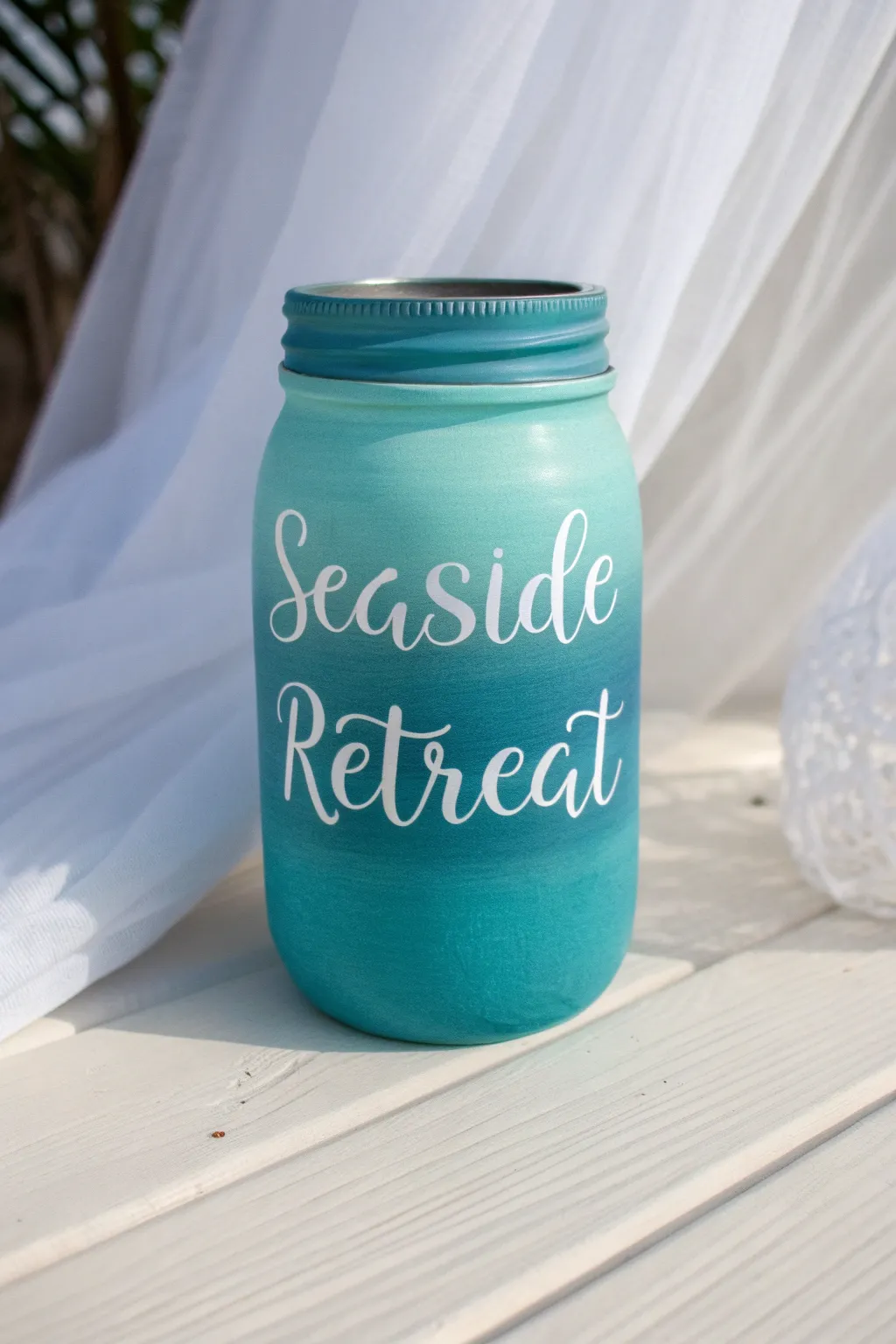 Dive into tranquility with this coastal-inspired mason jar art, perfect for your beachy retreat.