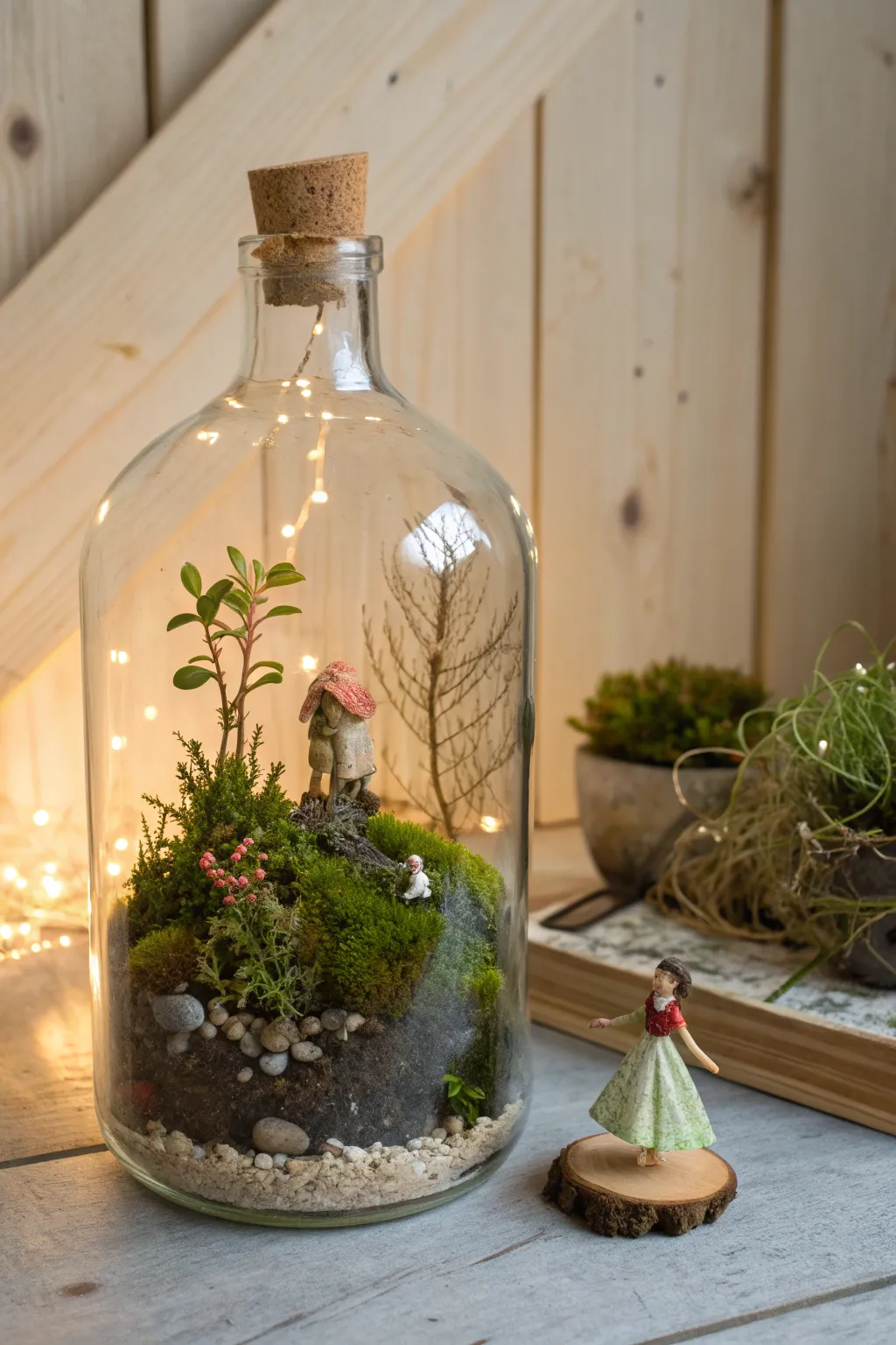 Step into a world of wonder with this enchanting fairy garden in a bottle, where imagination meets craftsmanship.