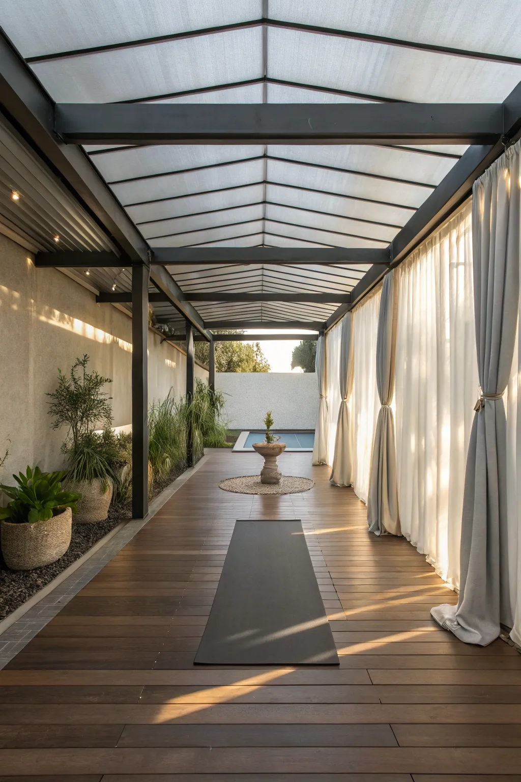 Transform your carport into a modern yoga sanctuary, where sleek design meets tranquility.