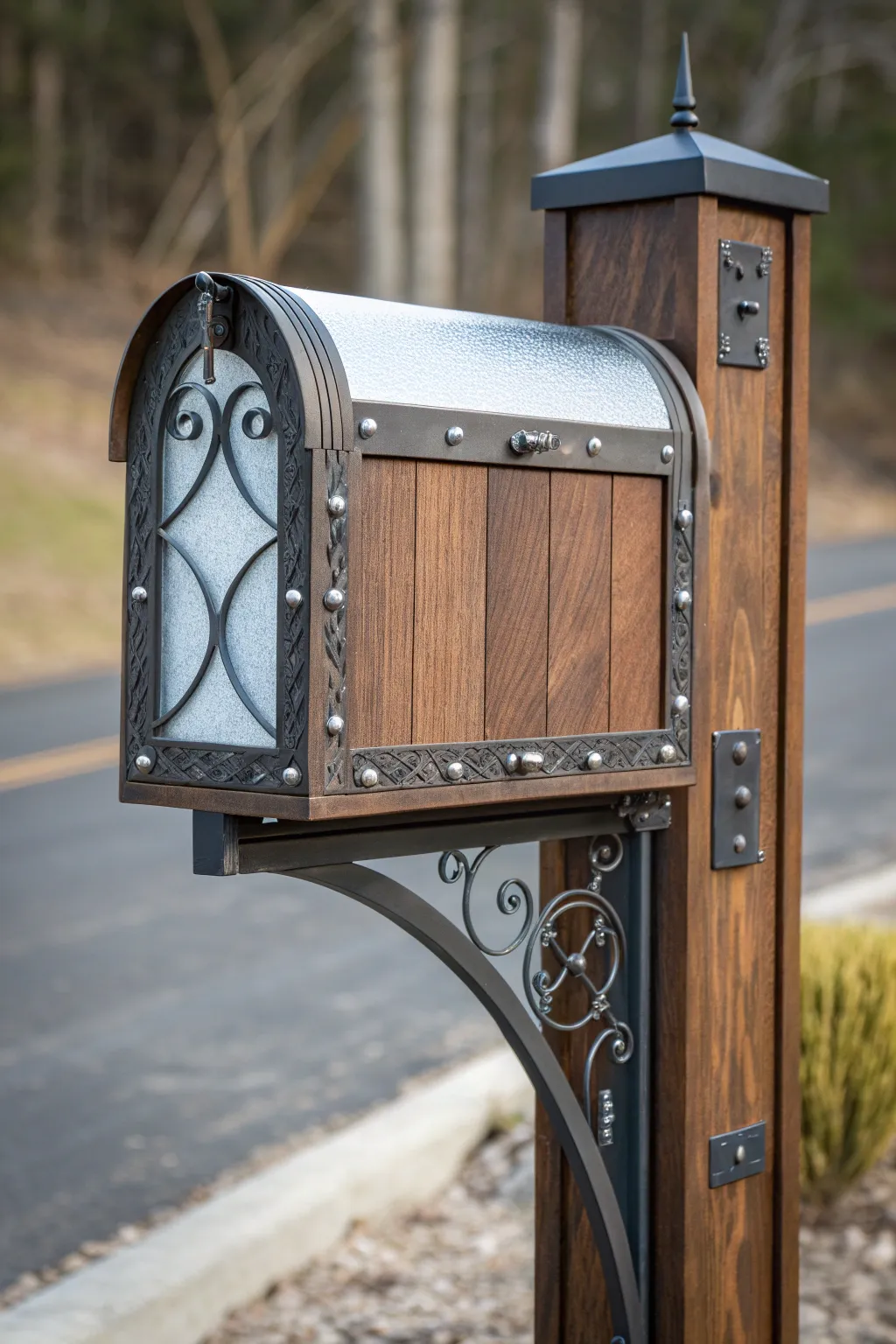 Elevate your curb appeal with this stunning mixed material mailbox post that blends metal, wood, and glass for a modern yet timeless look.