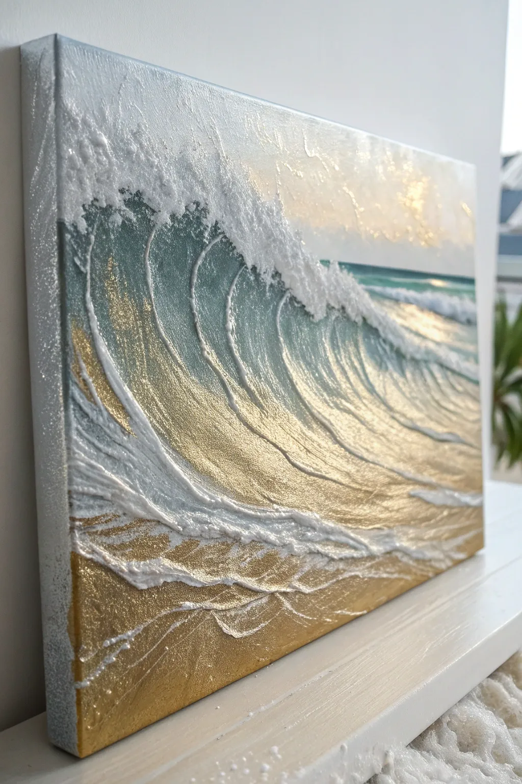 Capture the elegance of sunlight on waves with this stunning metallic acrylic piece.