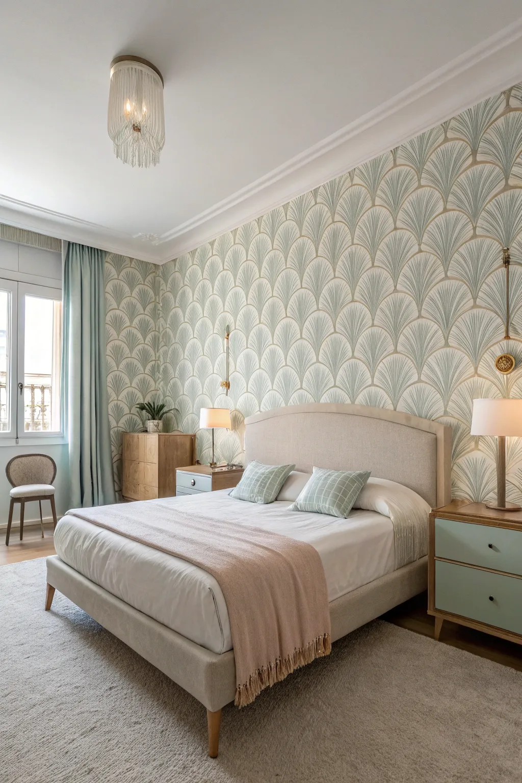 Bedroom retreat with serene wallpaper and minimalist decor.