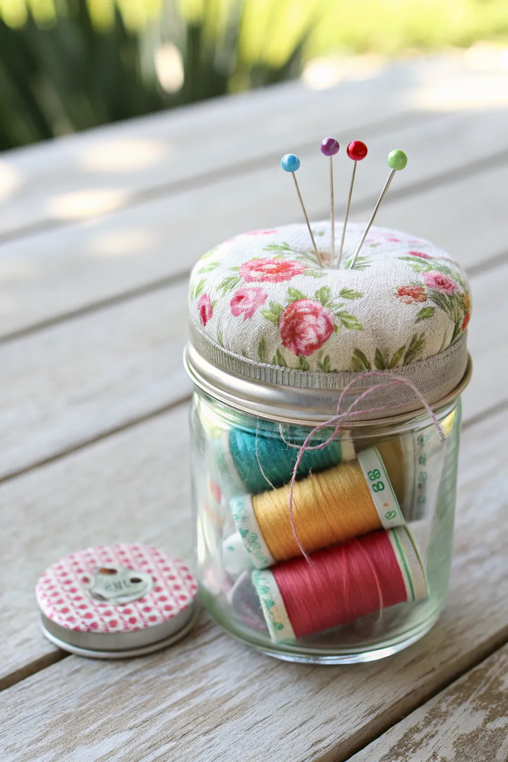 Sewing essentials beautifully organized in a charming mason jar. Perfect blend of simplicity and style!
