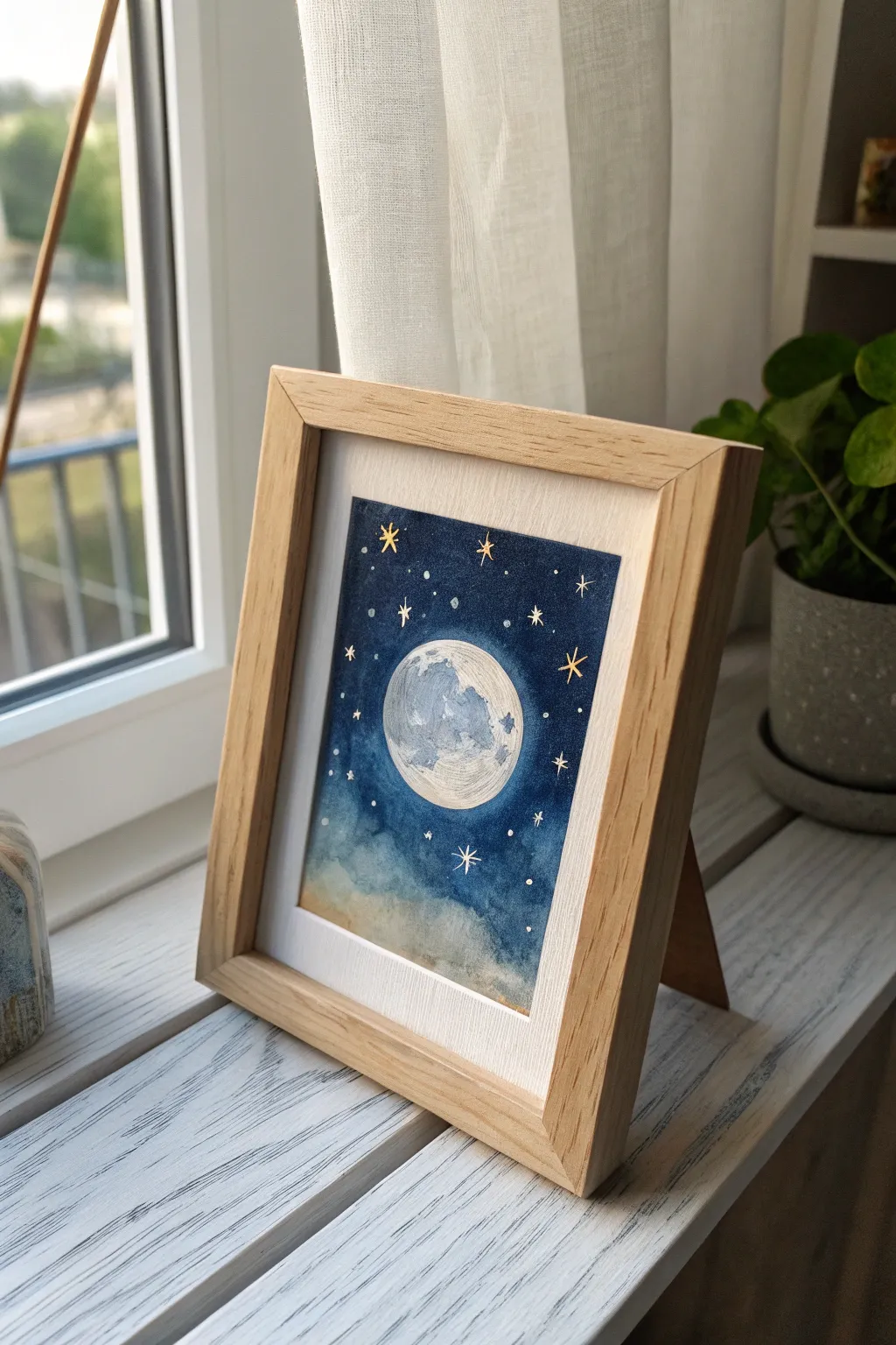 Escape to a dreamy nightscape with this miniature celestial watercolor masterpiece.