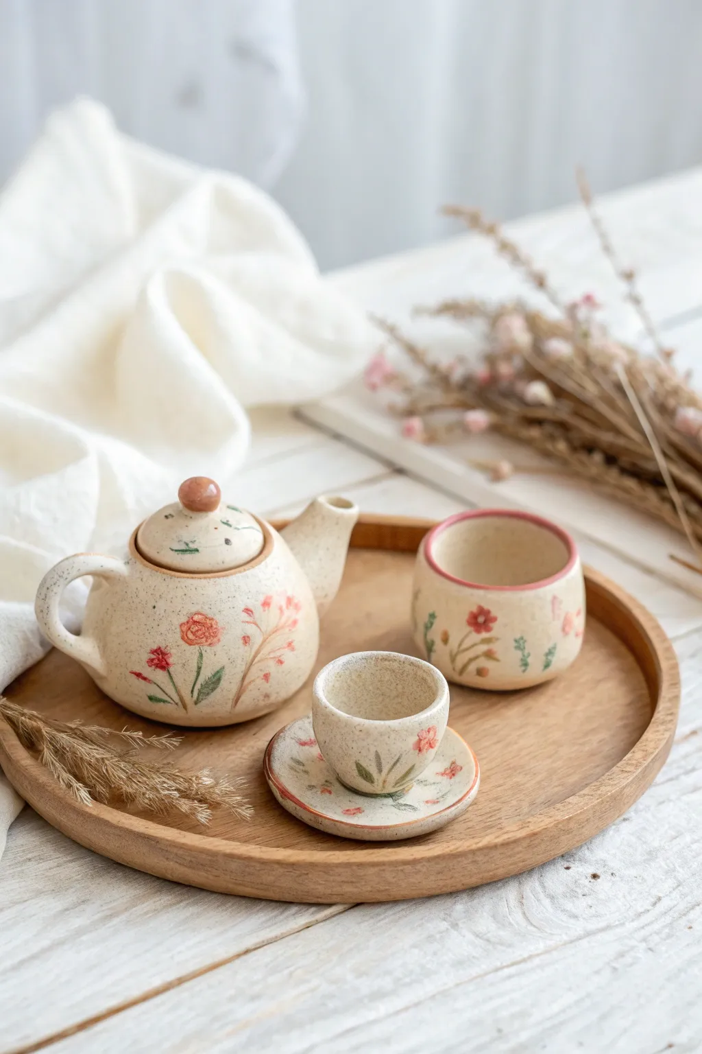 Delicate details in a charming miniature tea set, perfect for adding a touch of whimsy to your space.