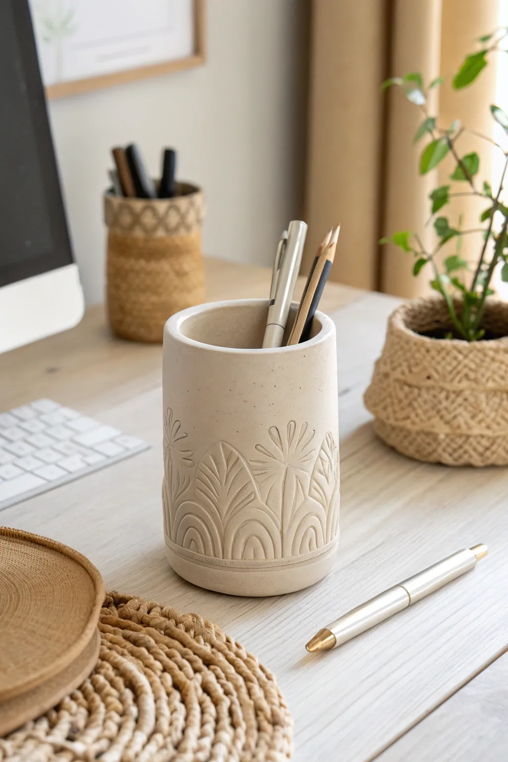 Elevate your workspace with minimalist elegance: a clay pen holder that combines function and style.
