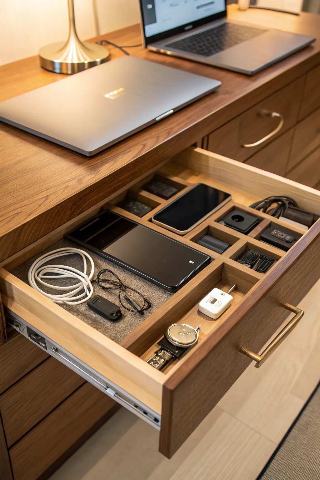 Transform your missing drawer into a sleek tech charging haven.