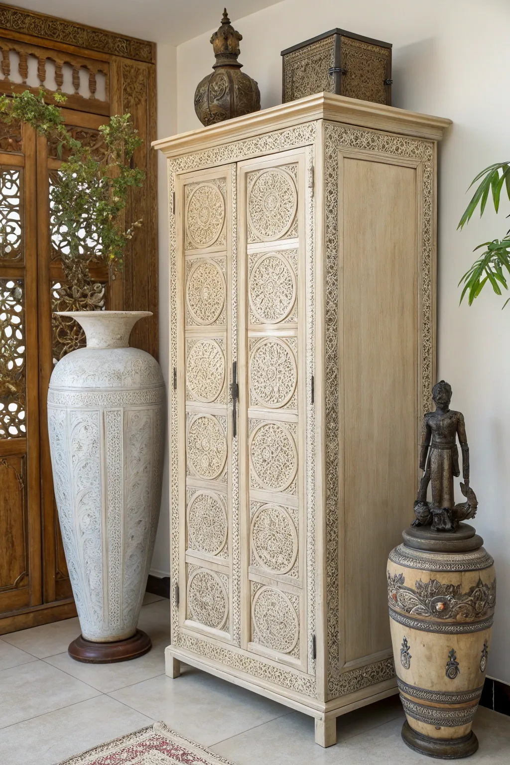 Tall objects adding drama and height to an armoire.
